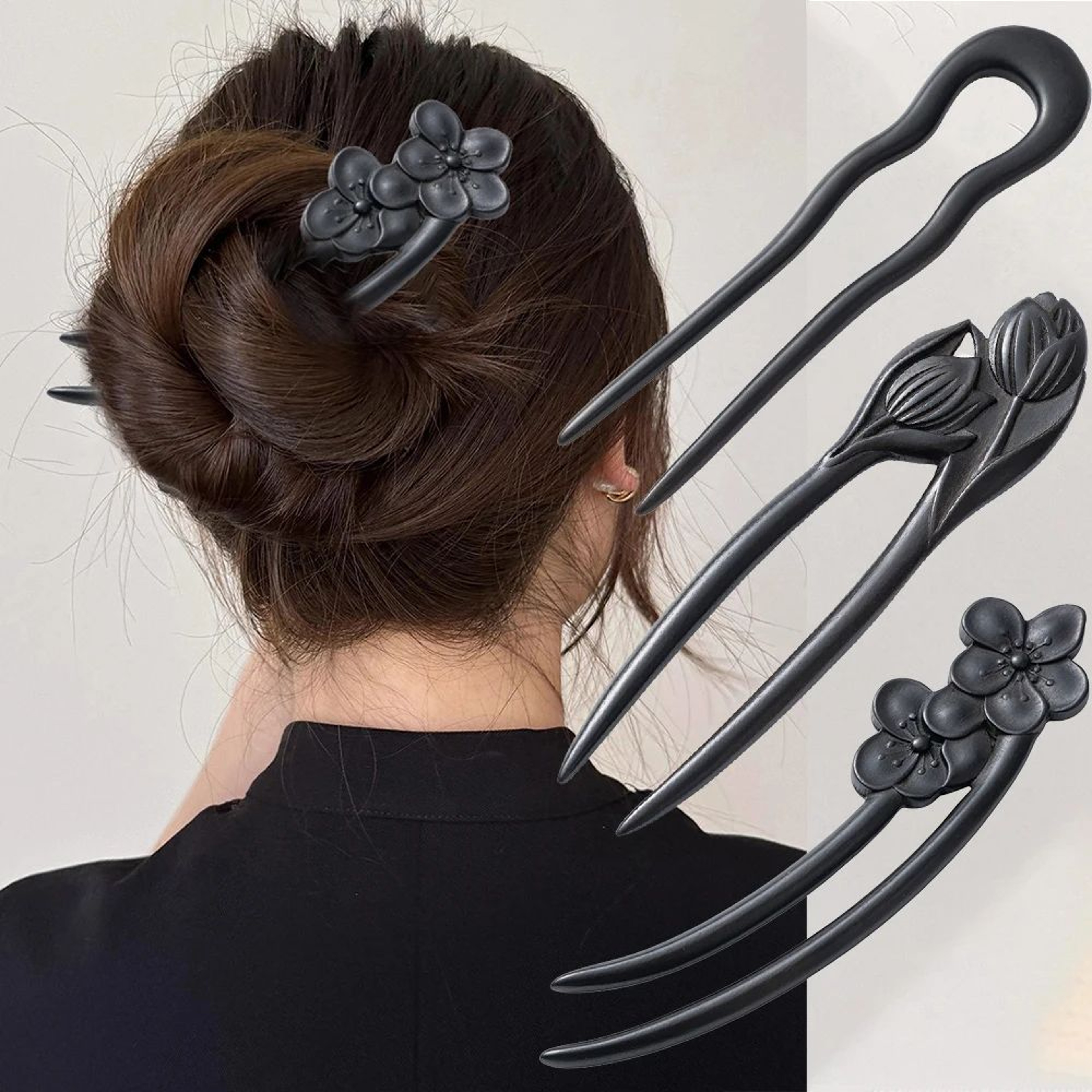 Floral U Shape Wooden Hair Fork 1