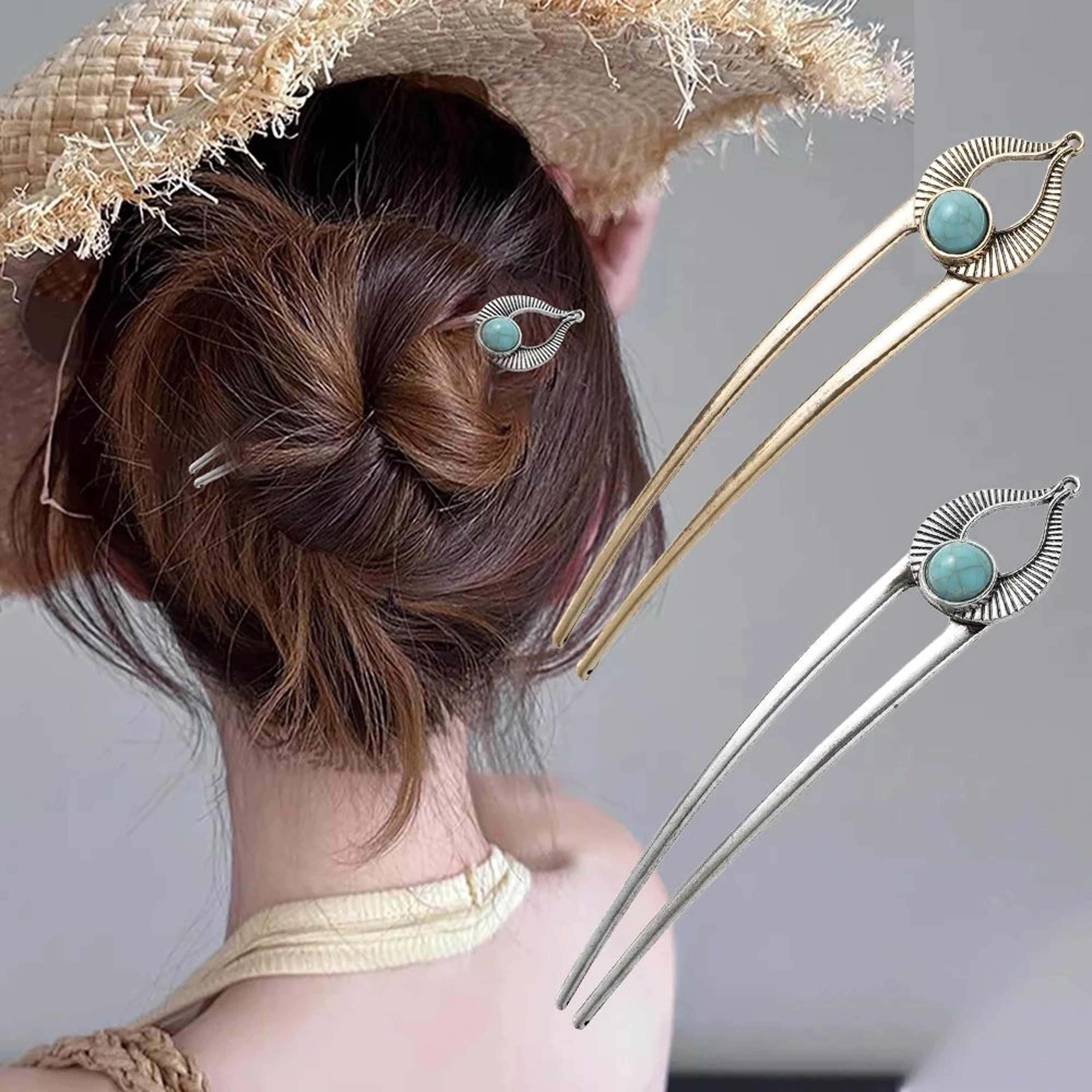 Turquoise Enamel U Shape Hair Fork 2