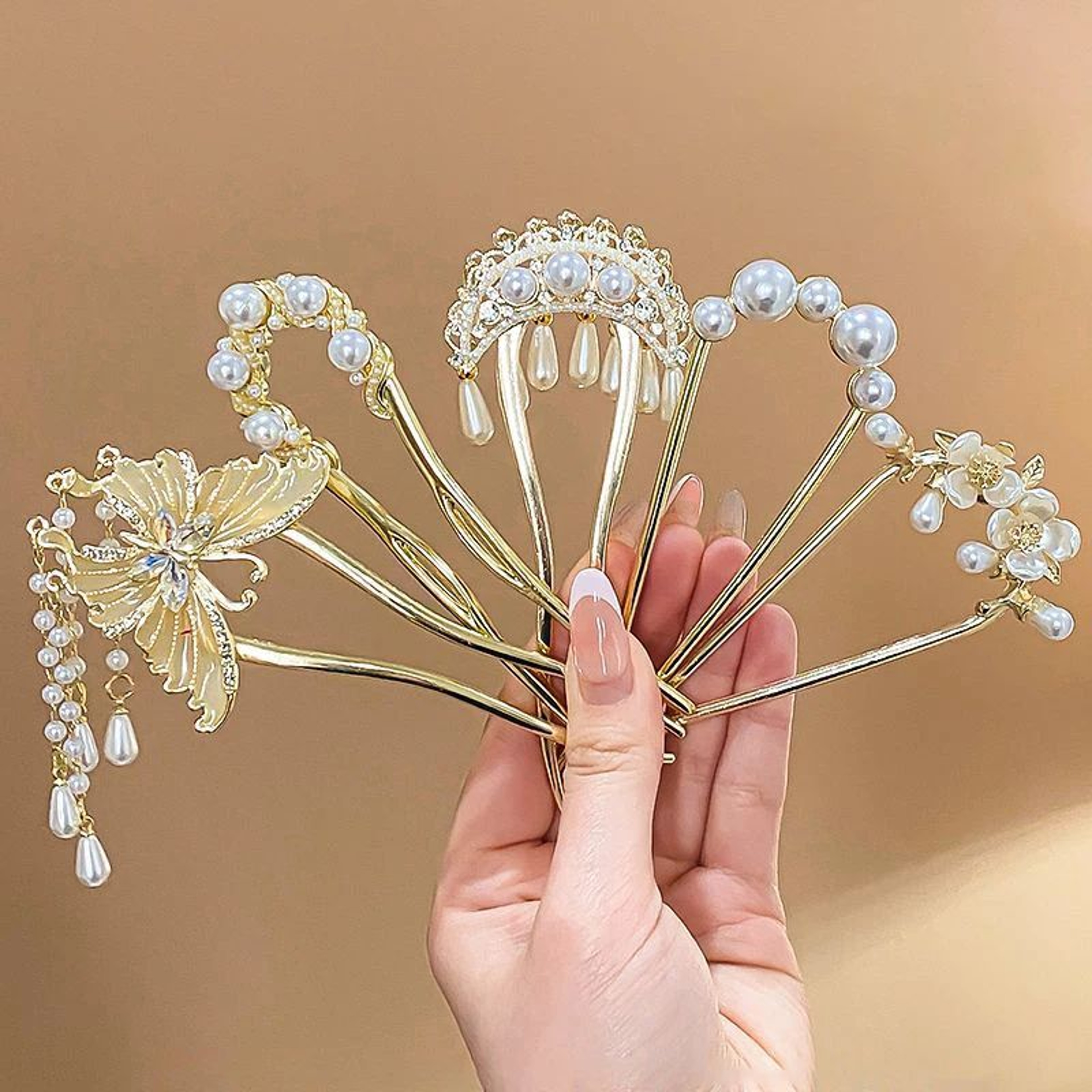 5 Piece Butterfly Pearl Metal Hair Fork Set 7