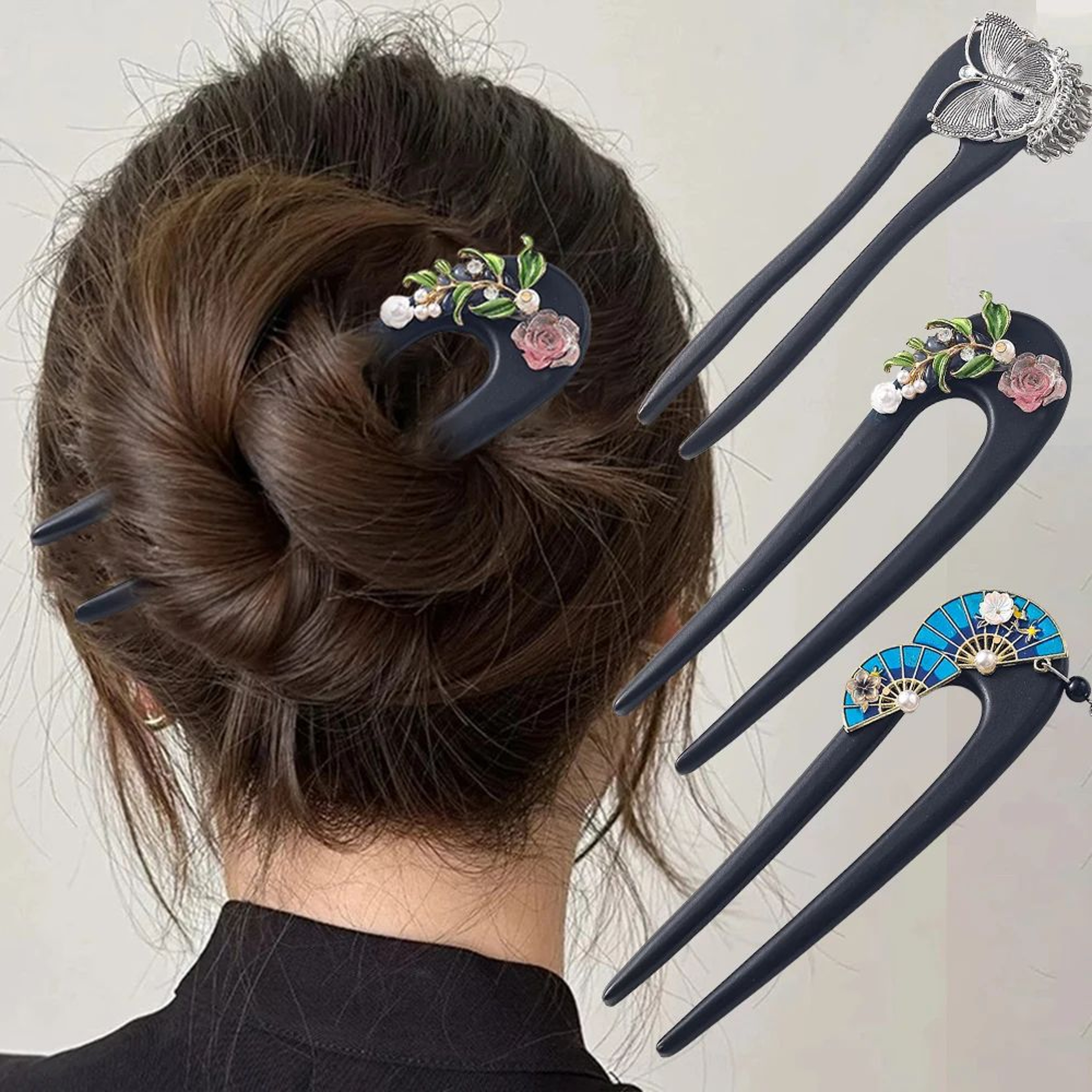 Floral Butterfly Wooden Hair Fork 0