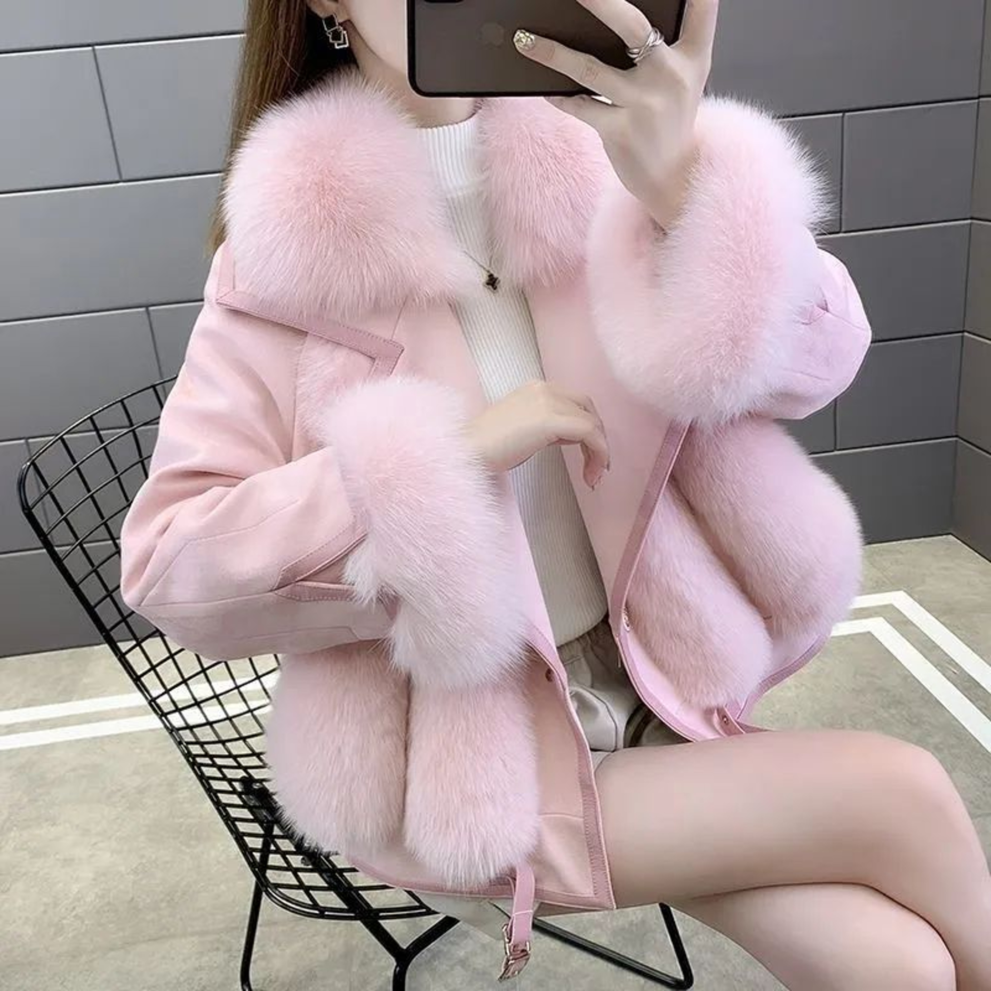 Womens MidLength Faux Fur Leather Jacket 3