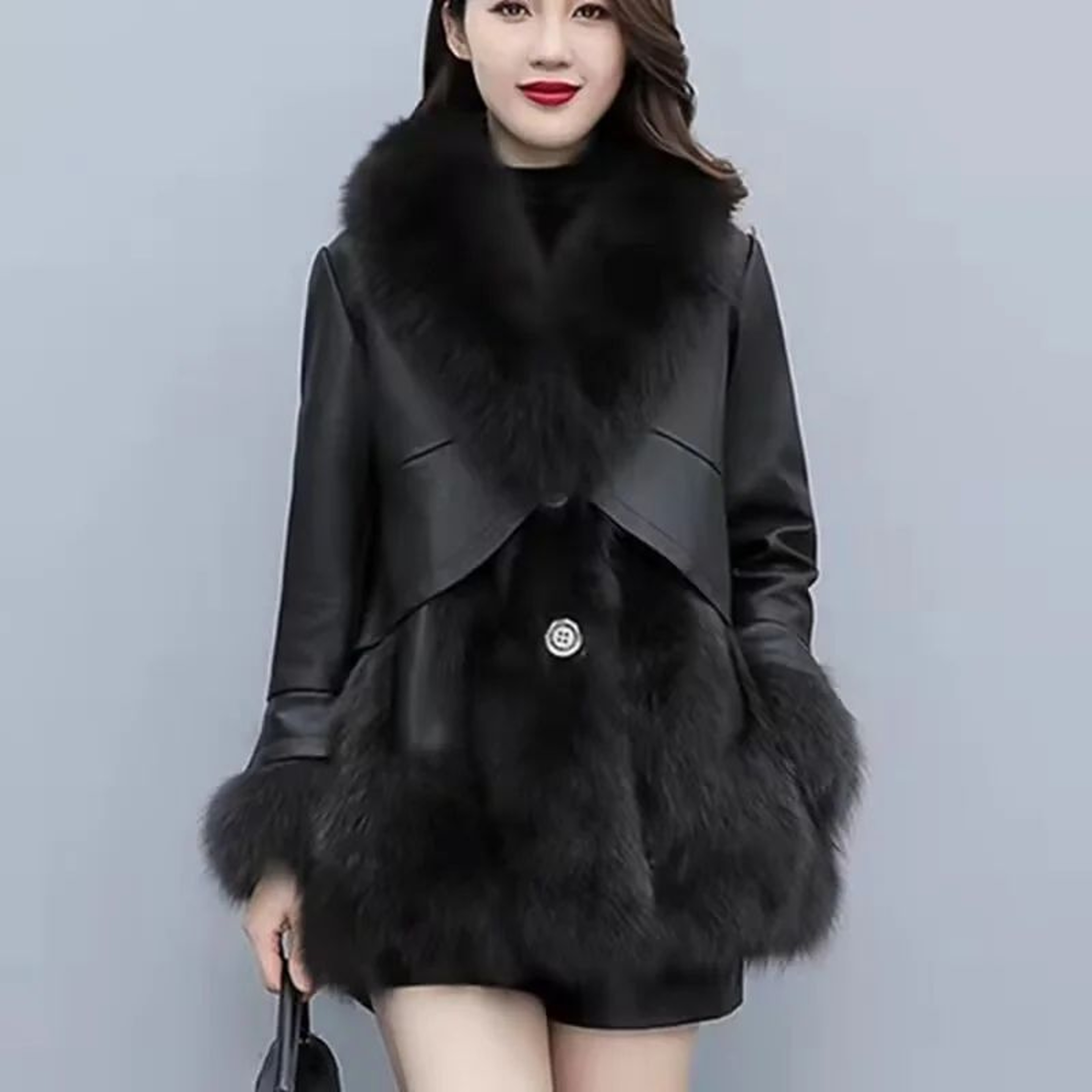 Womens MidLength Faux Fur Leather Jacket 6