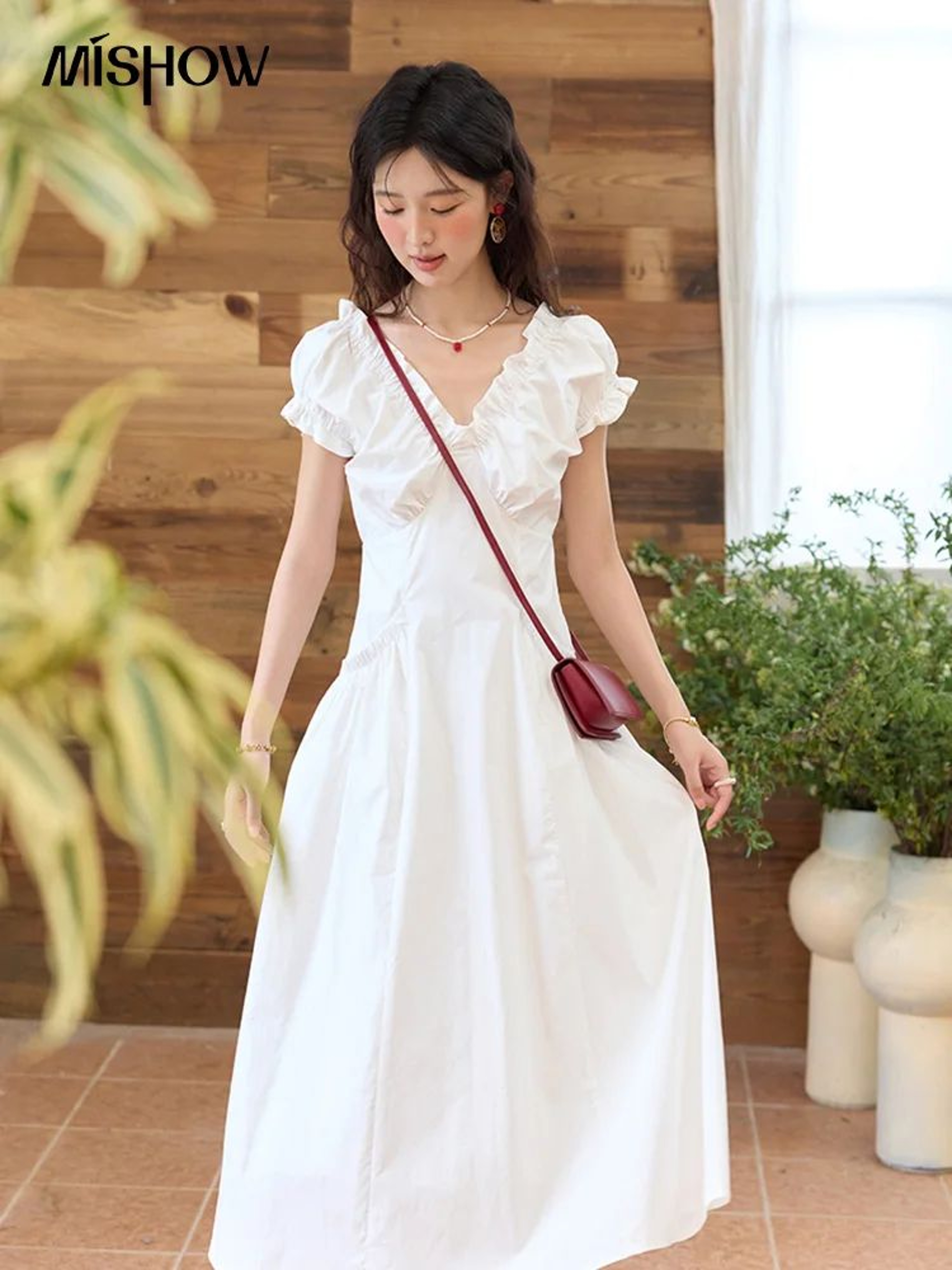Womens Elegant V Neck Puff Sleeve Midi Dress 3