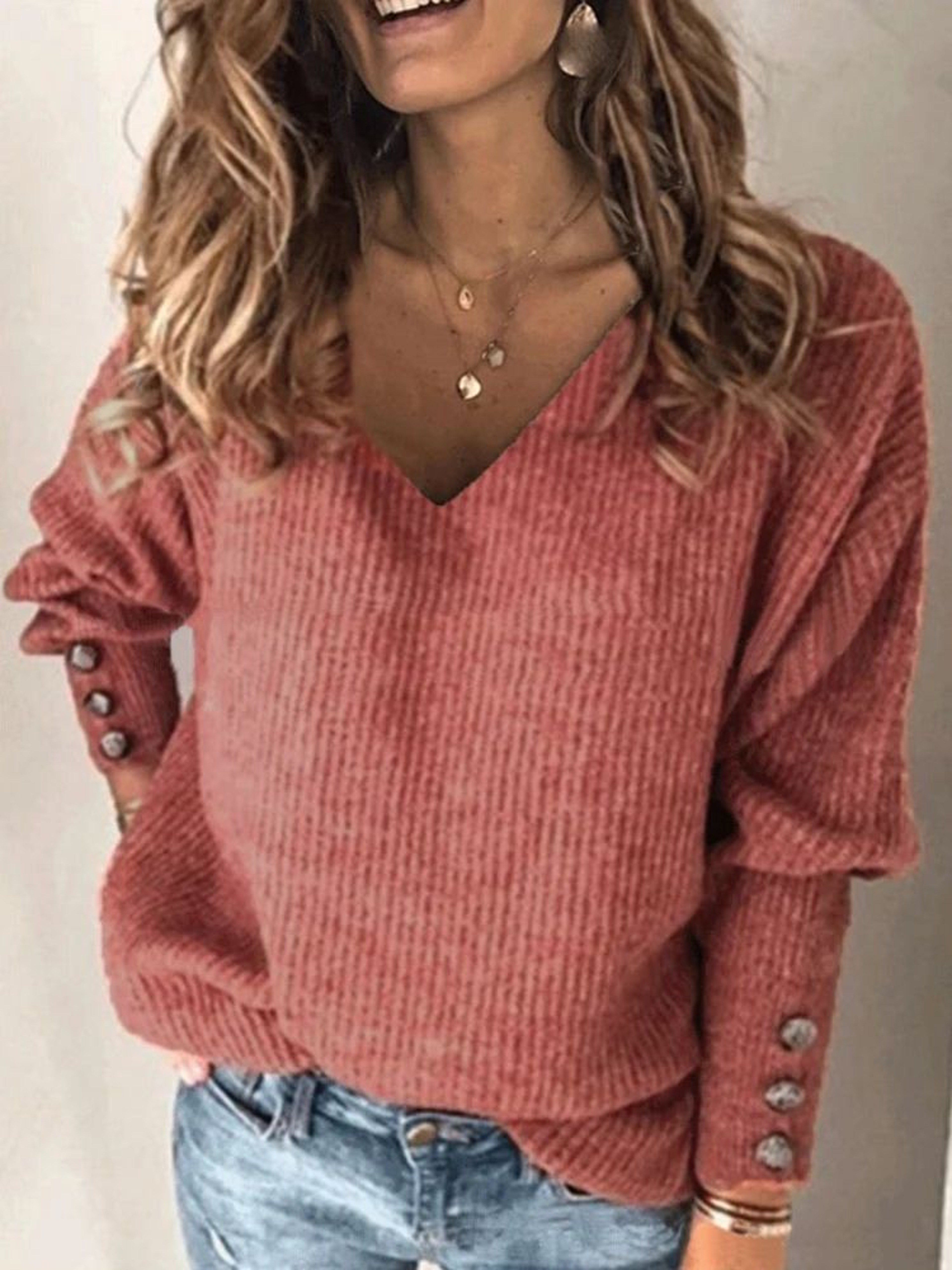 Womens Loose Fit V Neck Ribbed Knit Sweater 1