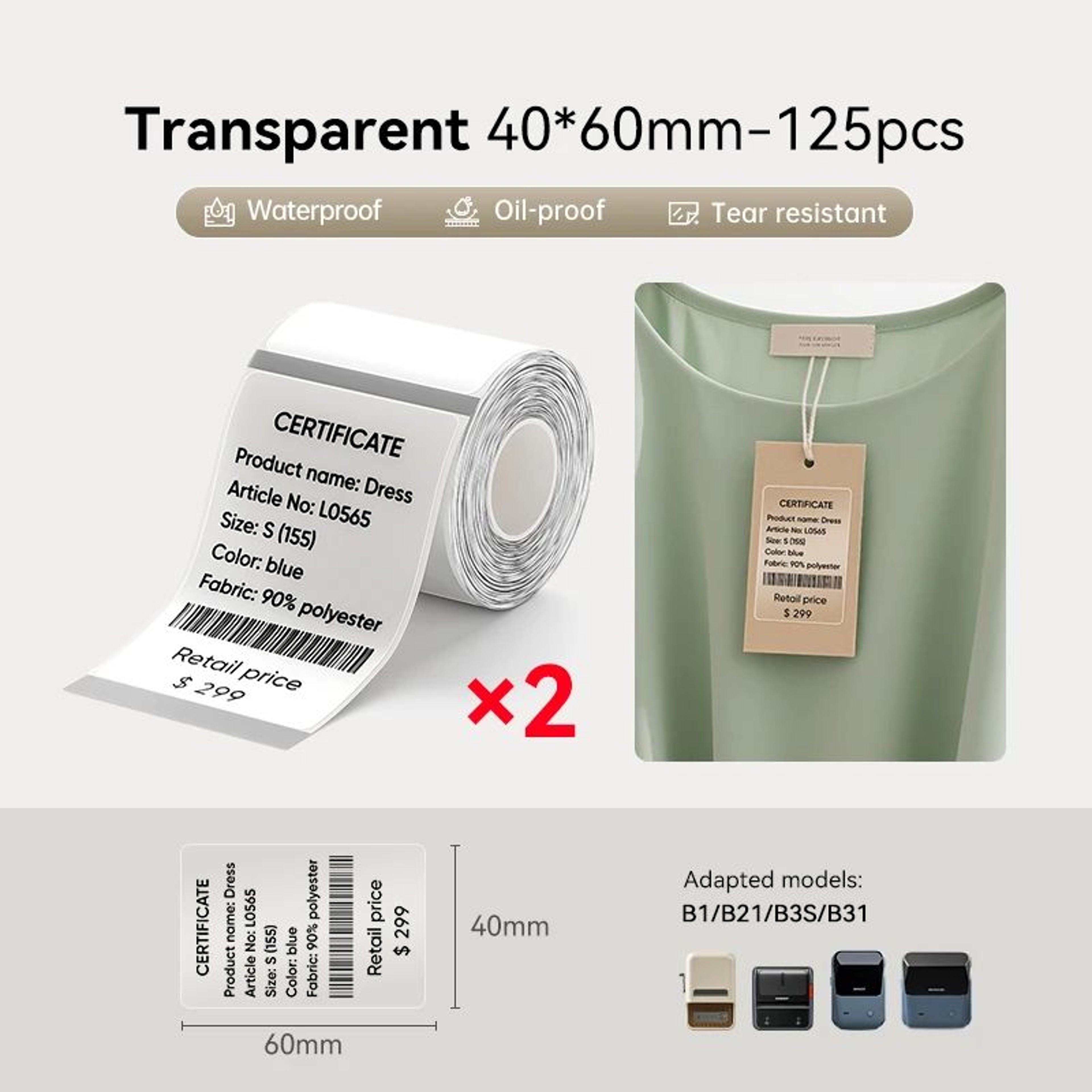 2 Rolls Transparent Thermal Label Stickers 10