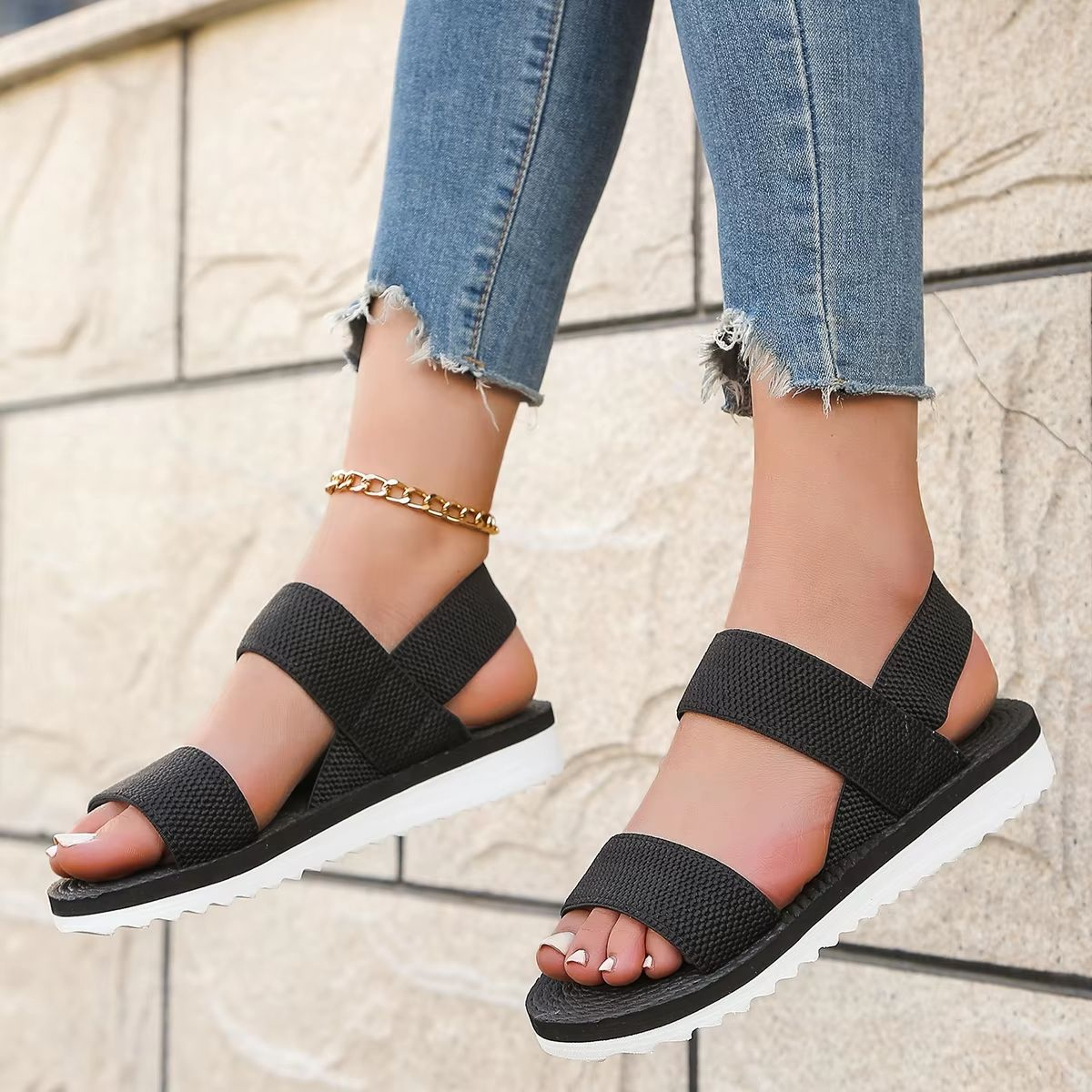 Women Black Lace Up Flat Sandals Anti Slip Comfortable Summer Shoes 0