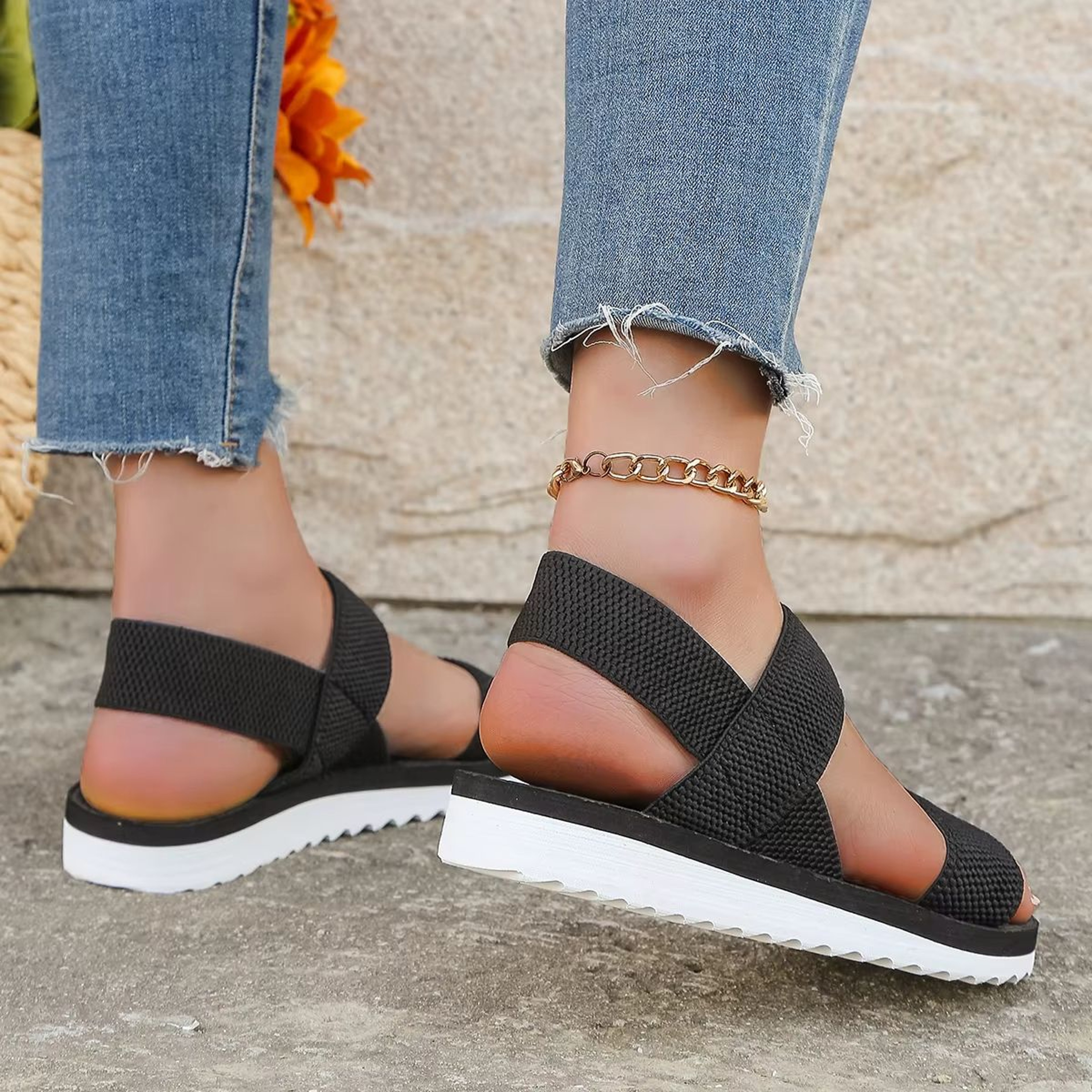 Women Black Lace Up Flat Sandals Anti Slip Comfortable Summer Shoes 5