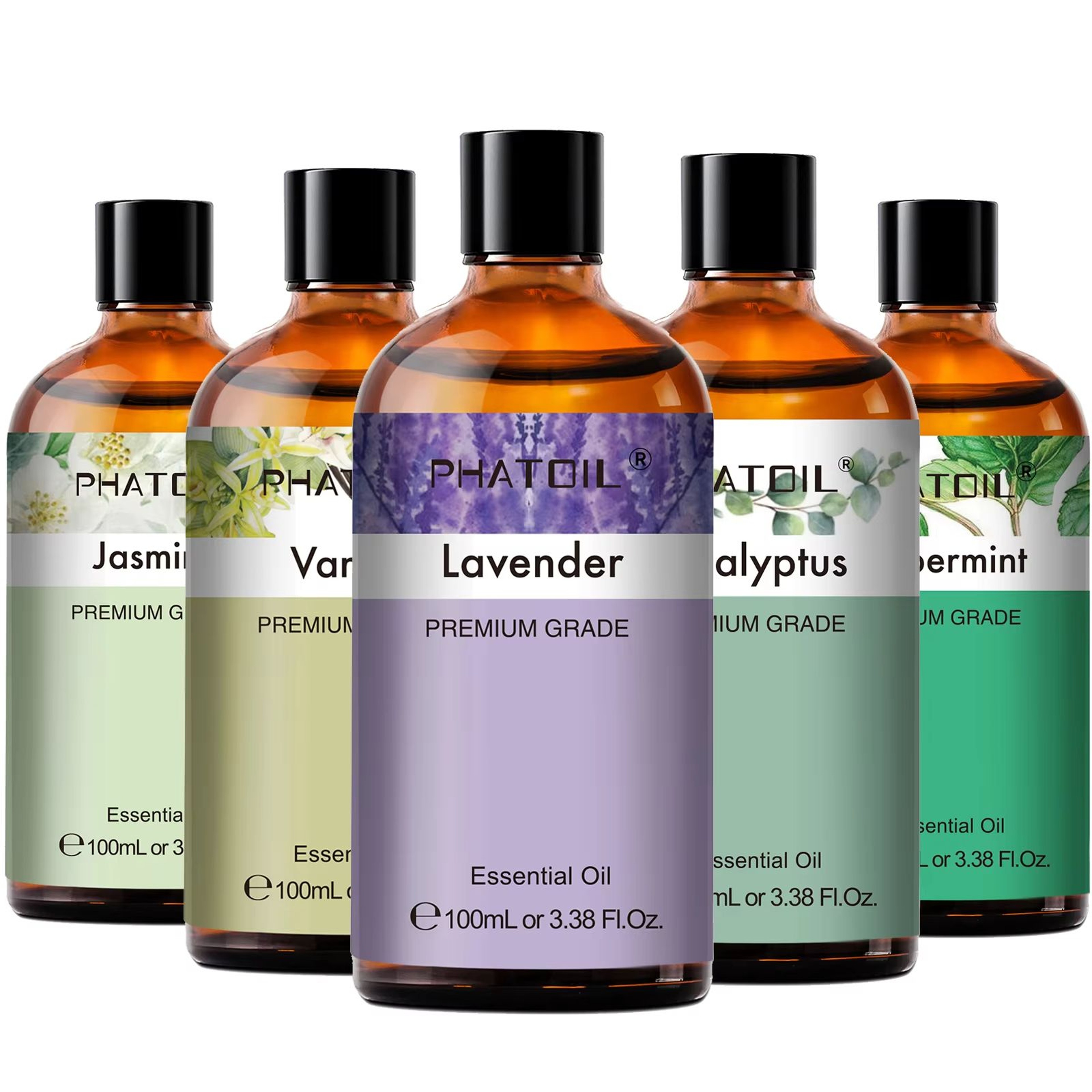 PHATOIL 100ml Essential Oil Set  Eucalyptus Lavender Vanilla Jasmine Lemon  Bergamot For Aromathera