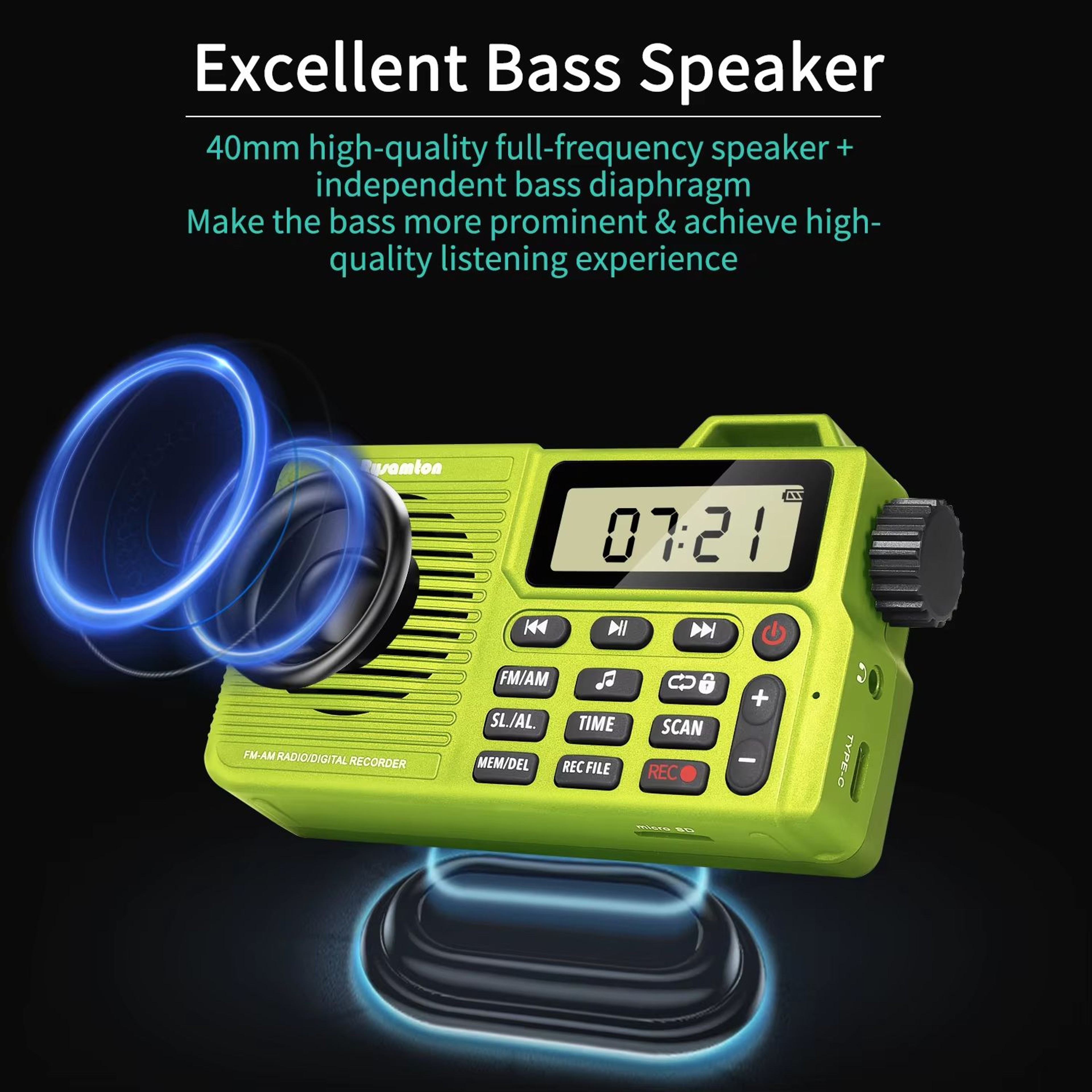 EchoLite Portable AMFM Bluetooth Radio With Bass Speaker  Recording 8