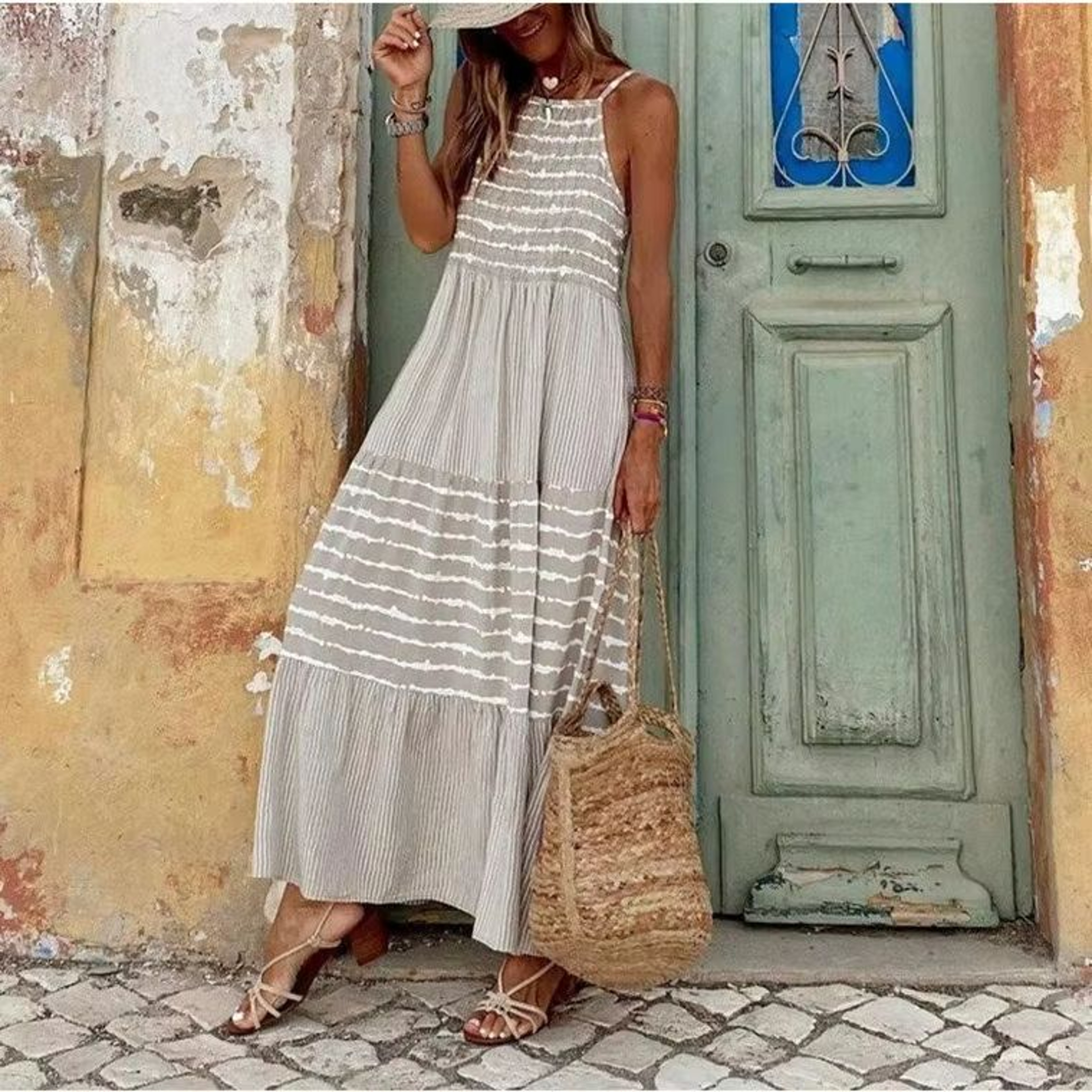 BreezyBoho Striped Maxi Dress  Sleeveless Summer Streetwear For Women 0