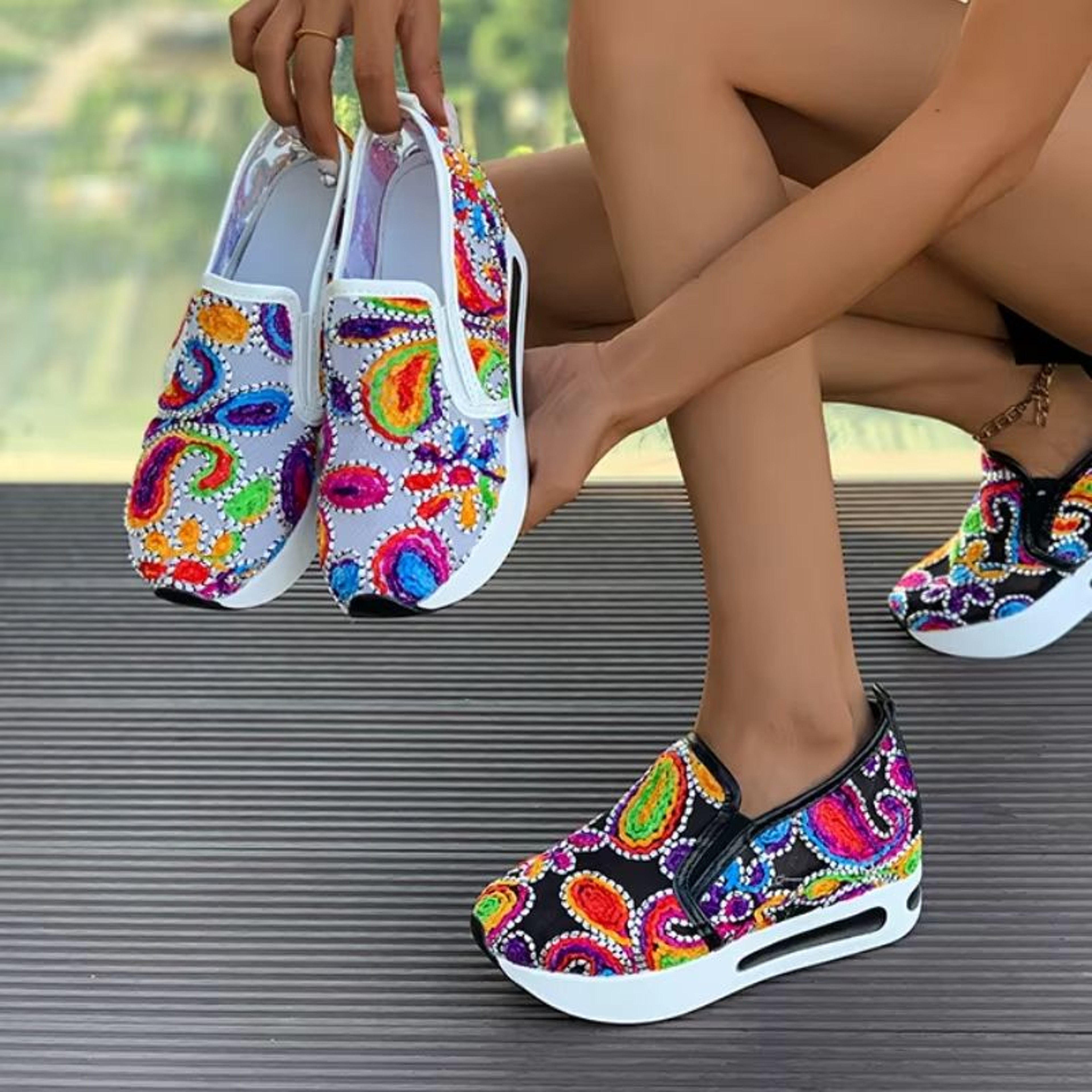 Women Slip On Platform Sneakers Embroidered Mesh Casual Walking Shoes 0