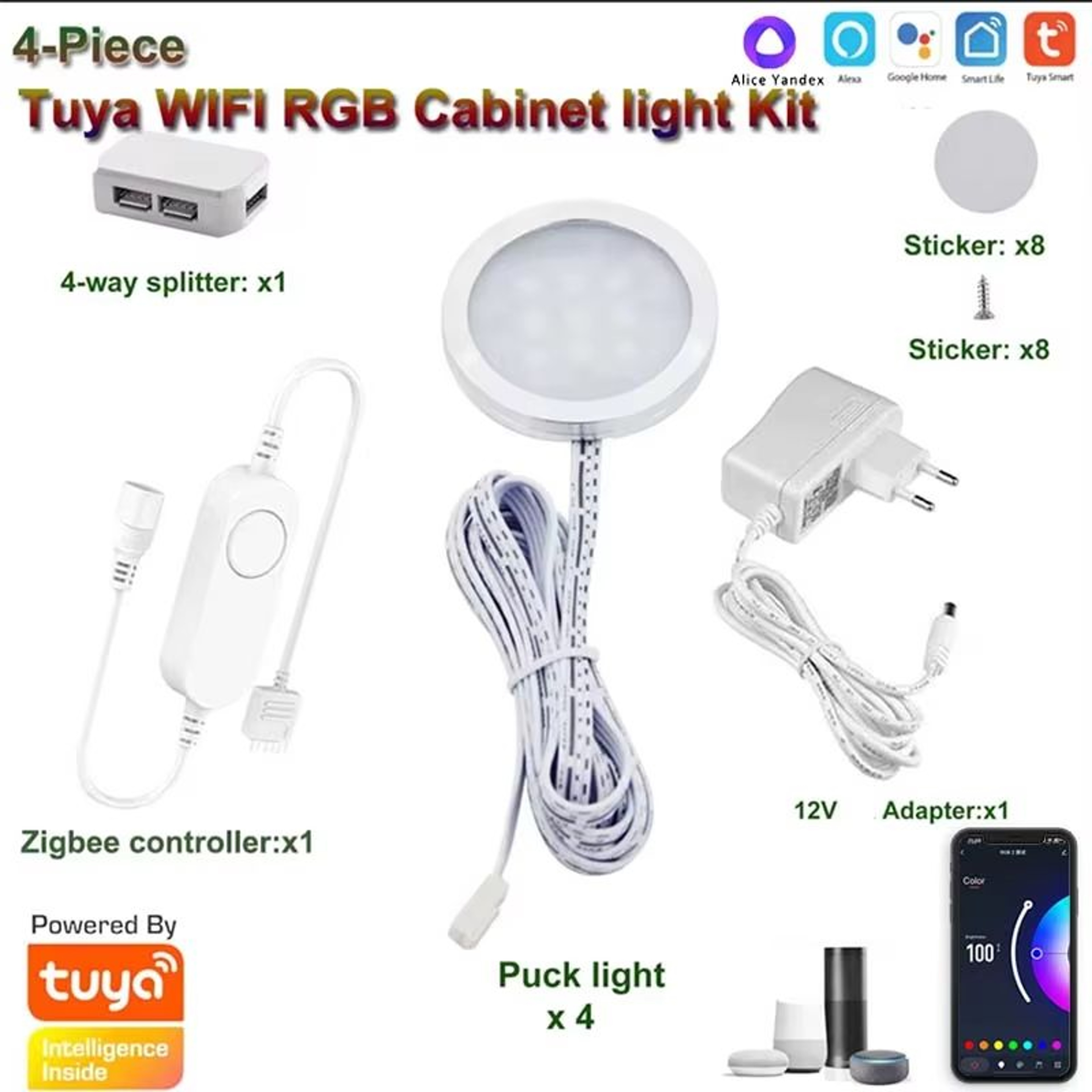 Tuya Smart WiFi RGB LED Under Cabinet Puck Light Kit DC12V 3