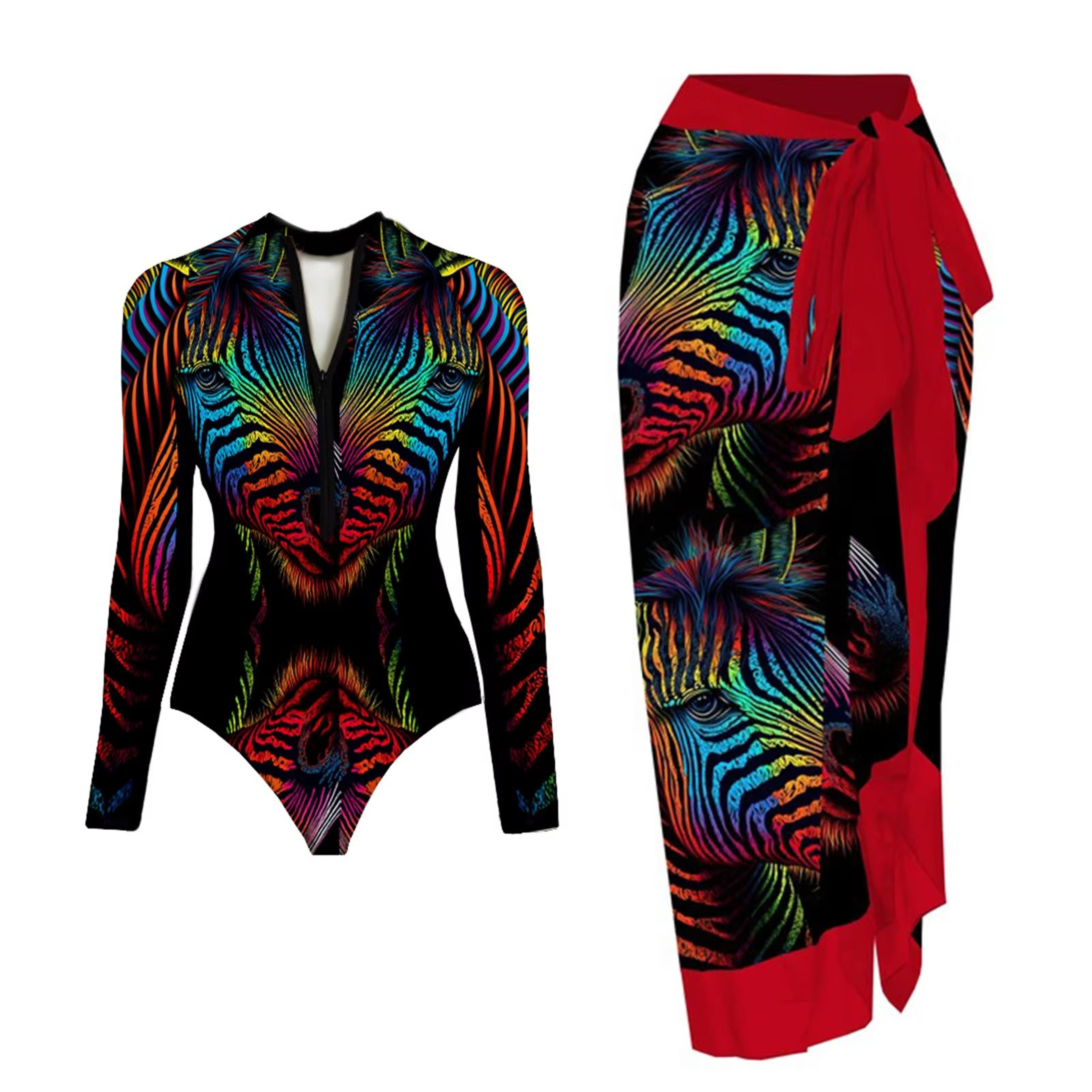 Womens Long Sleeve One Piece Swimsuit With Wrap Skirt Vintage Print Surfing Bathing Suit 2