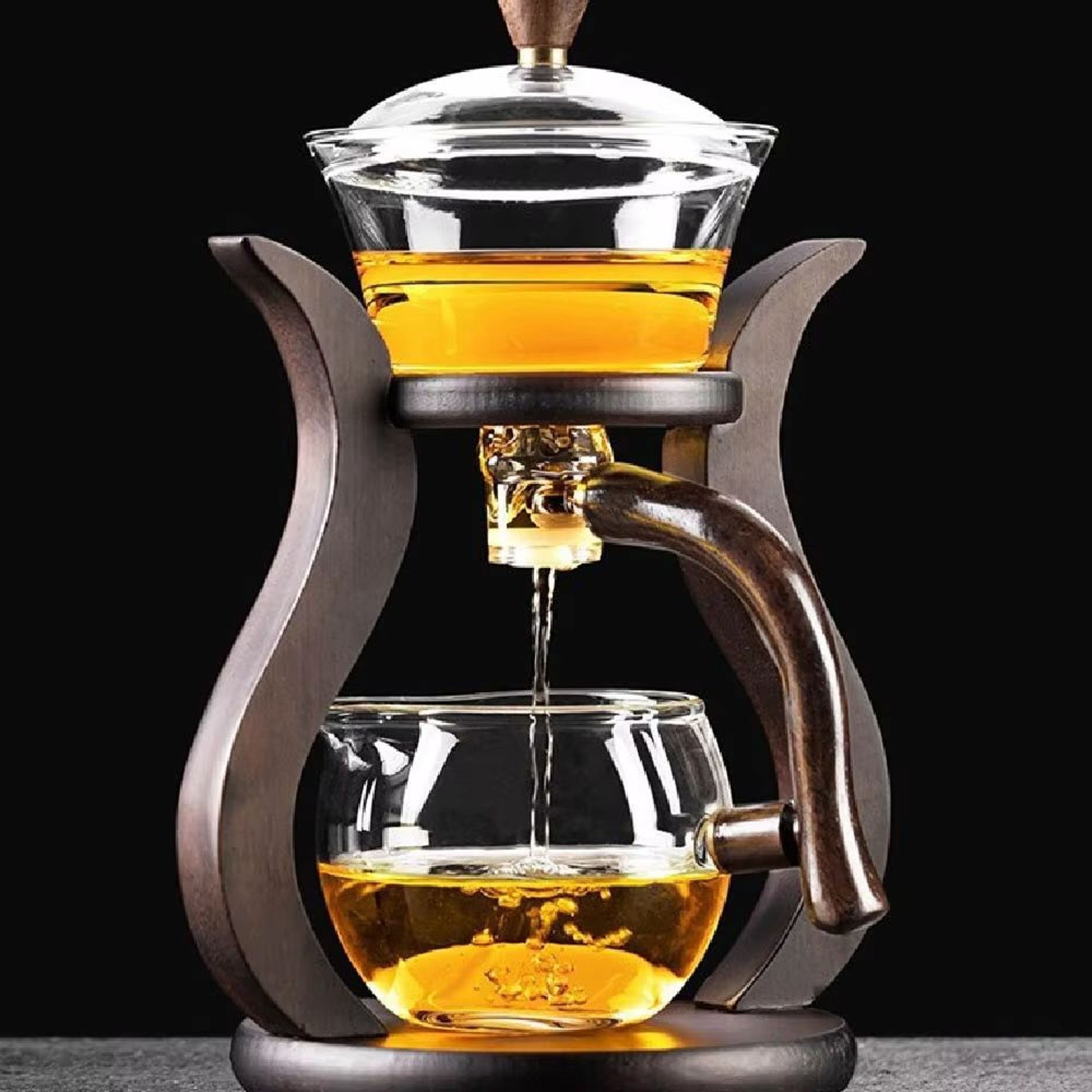 Lazy Kungfu Glass Teapot Set  SemiAutomatic HeatResistant Tea Set With Wooden Base  Magnetic Water  1