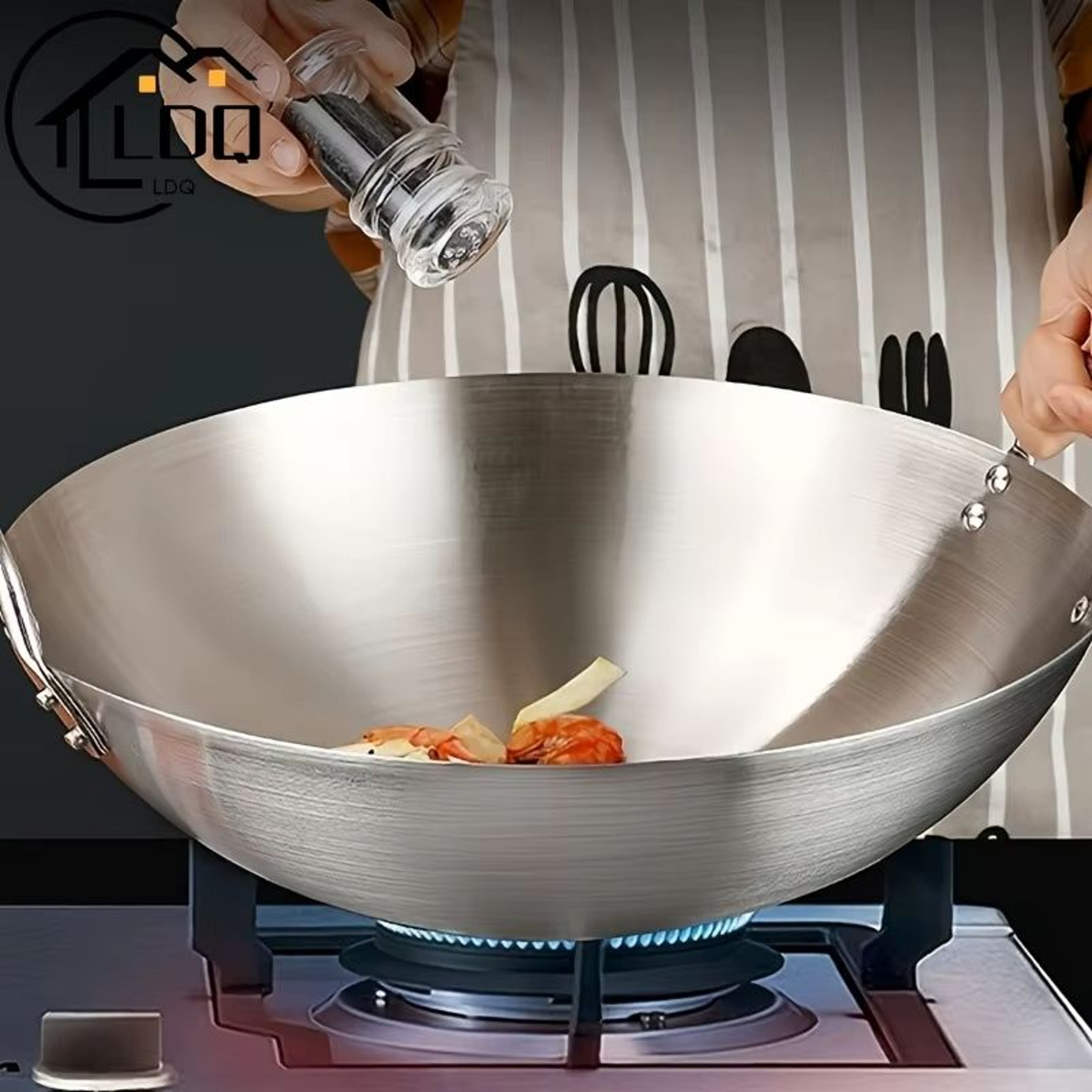 Large Stainless Steel Wok Pan Durable Uncoated Chef Pan With Dual Handles Easy To Clean 0