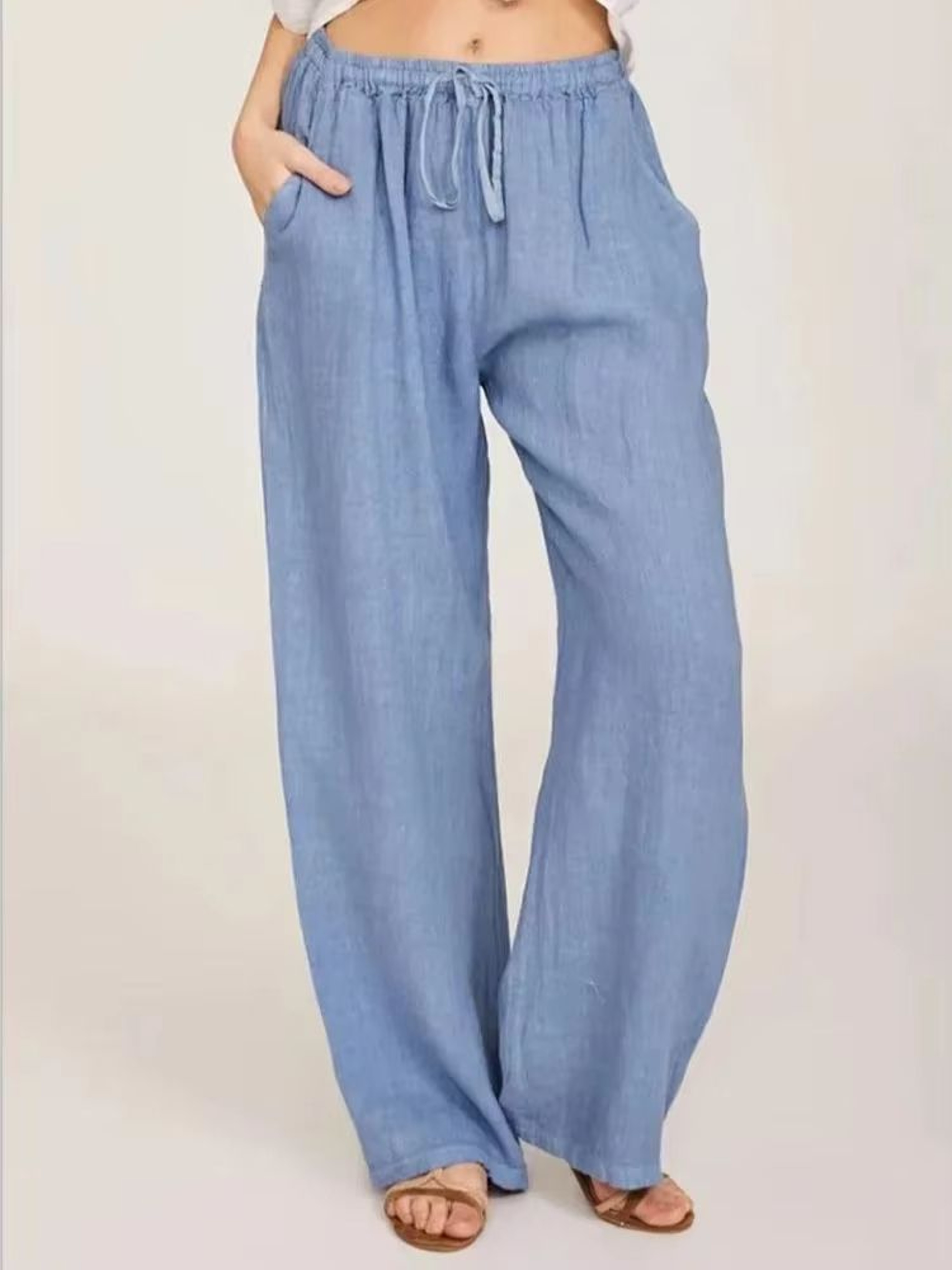 Womens Cotton Linen Wide Leg Pants  Casual Loose Trousers With Elastic Waist  Pockets 10