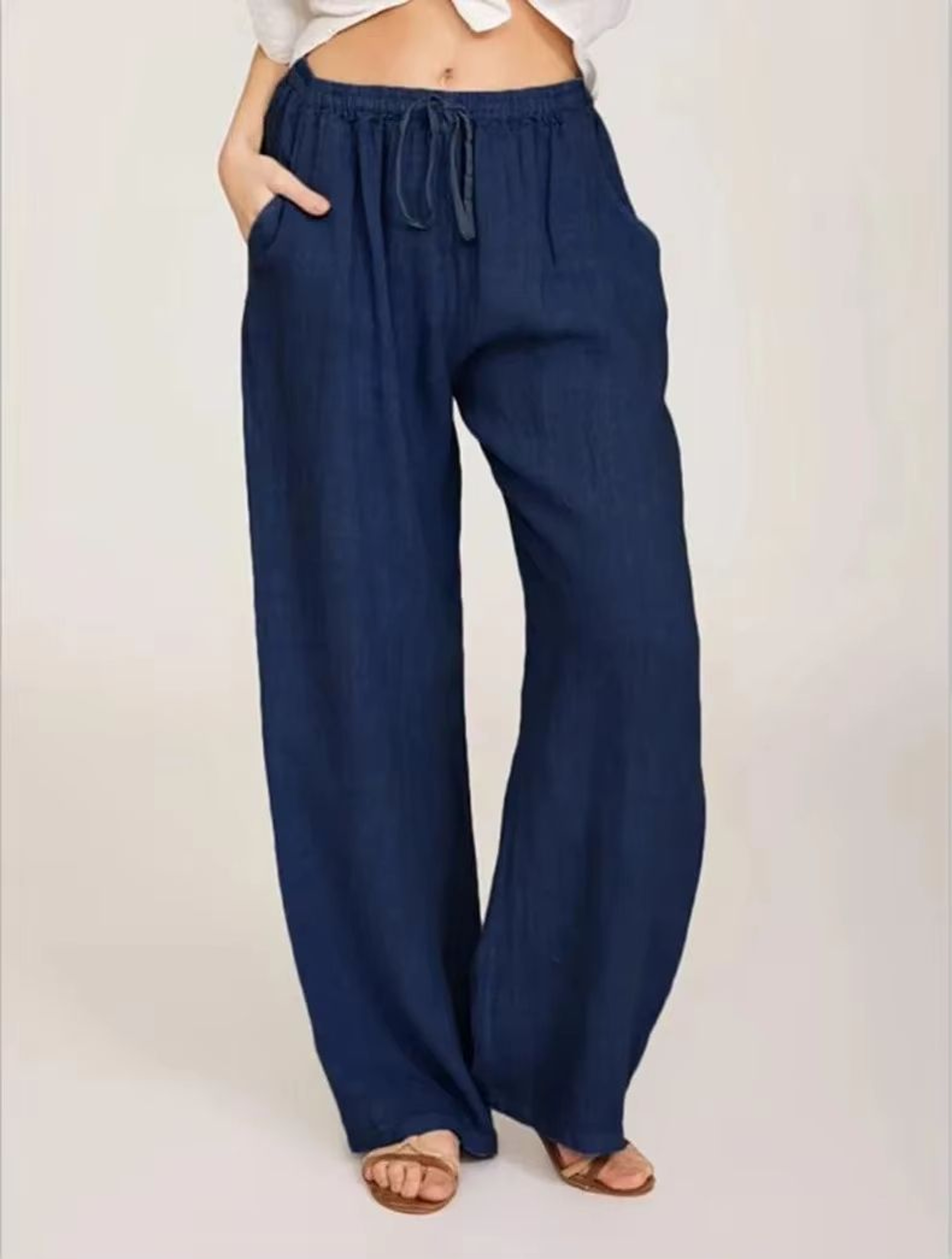 Womens Cotton Linen Wide Leg Pants  Casual Loose Trousers With Elastic Waist  Pockets 11
