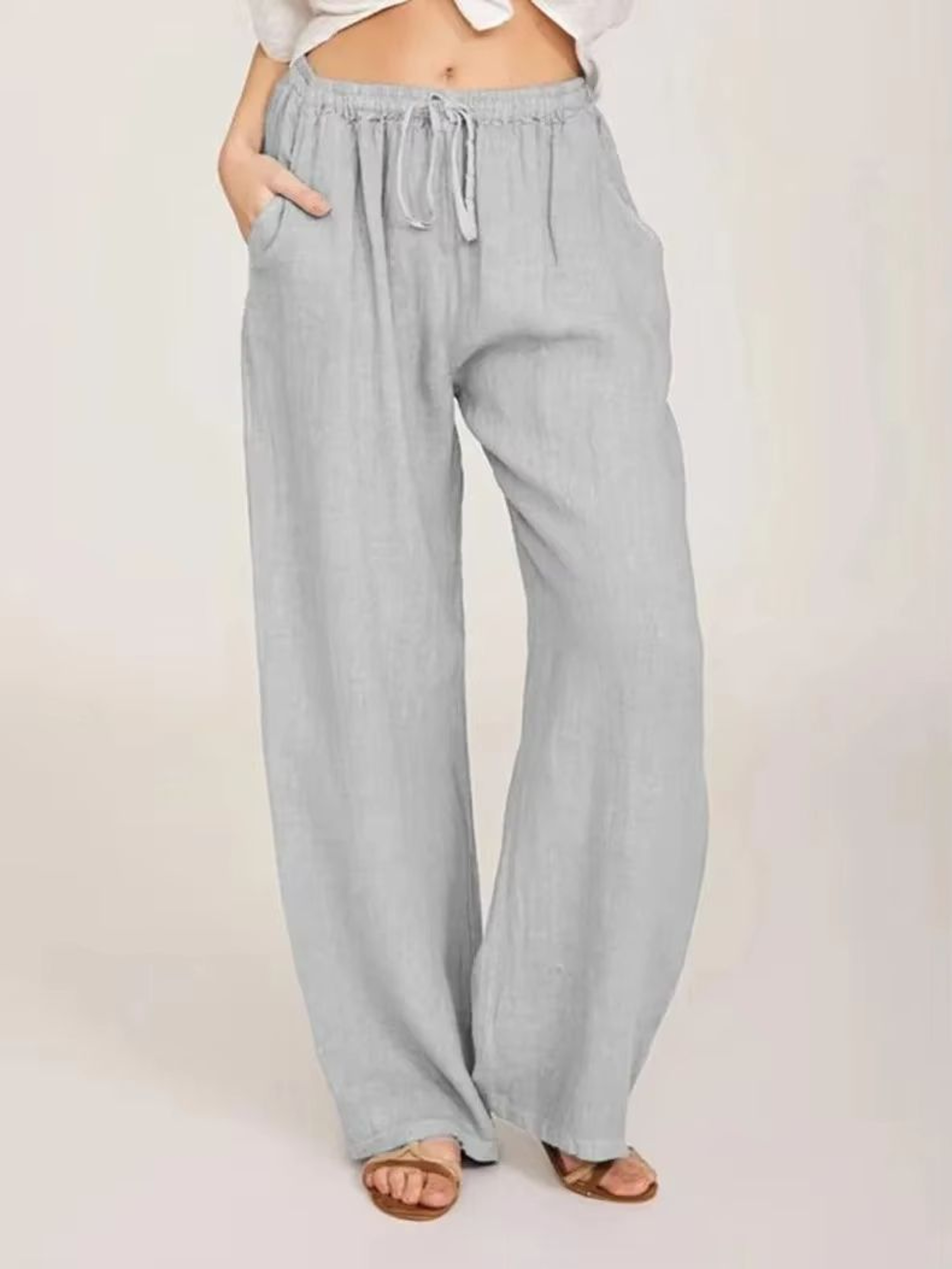 Womens Cotton Linen Wide Leg Pants  Casual Loose Trousers With Elastic Waist  Pockets 6