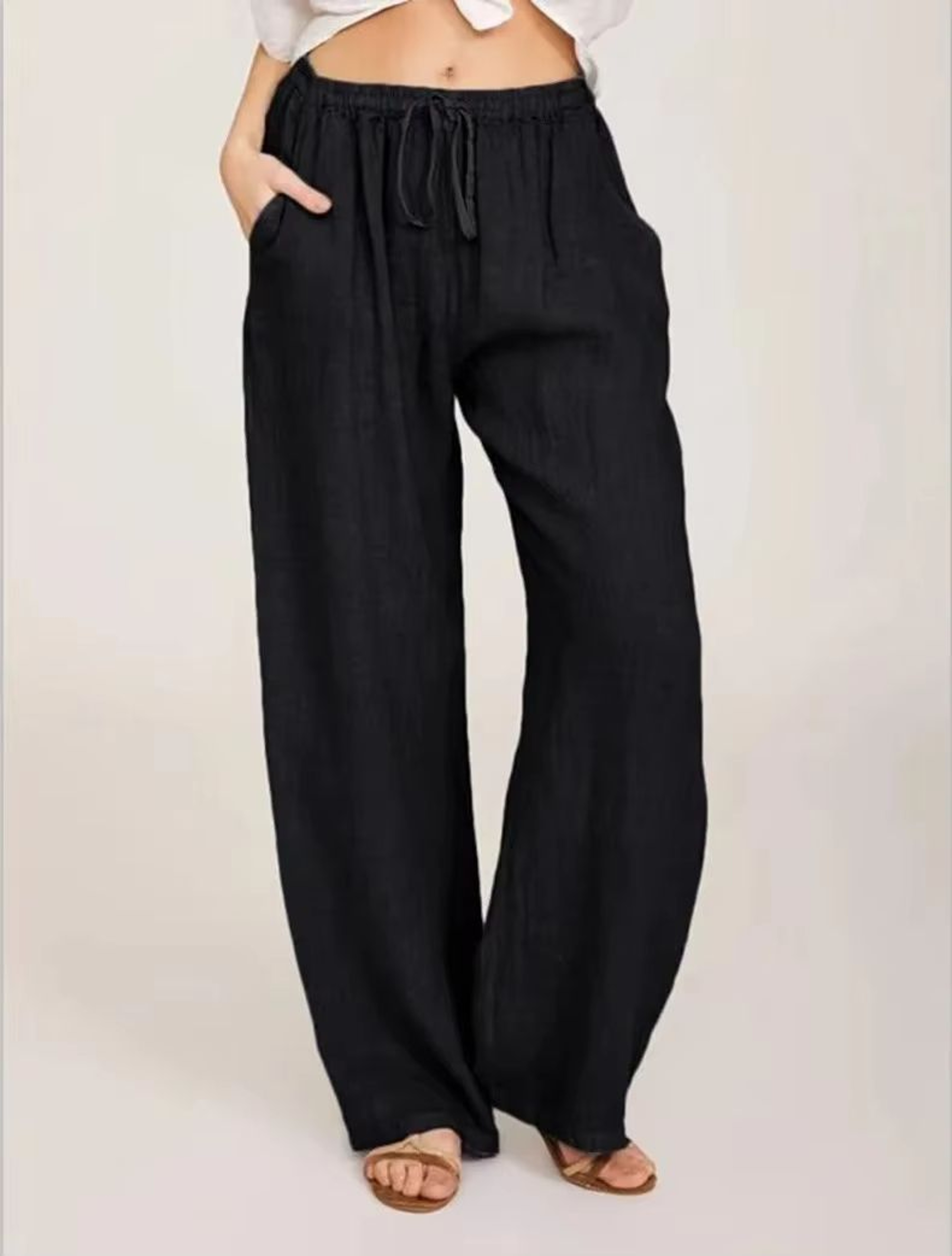 Womens Cotton Linen Wide Leg Pants  Casual Loose Trousers With Elastic Waist  Pockets 7