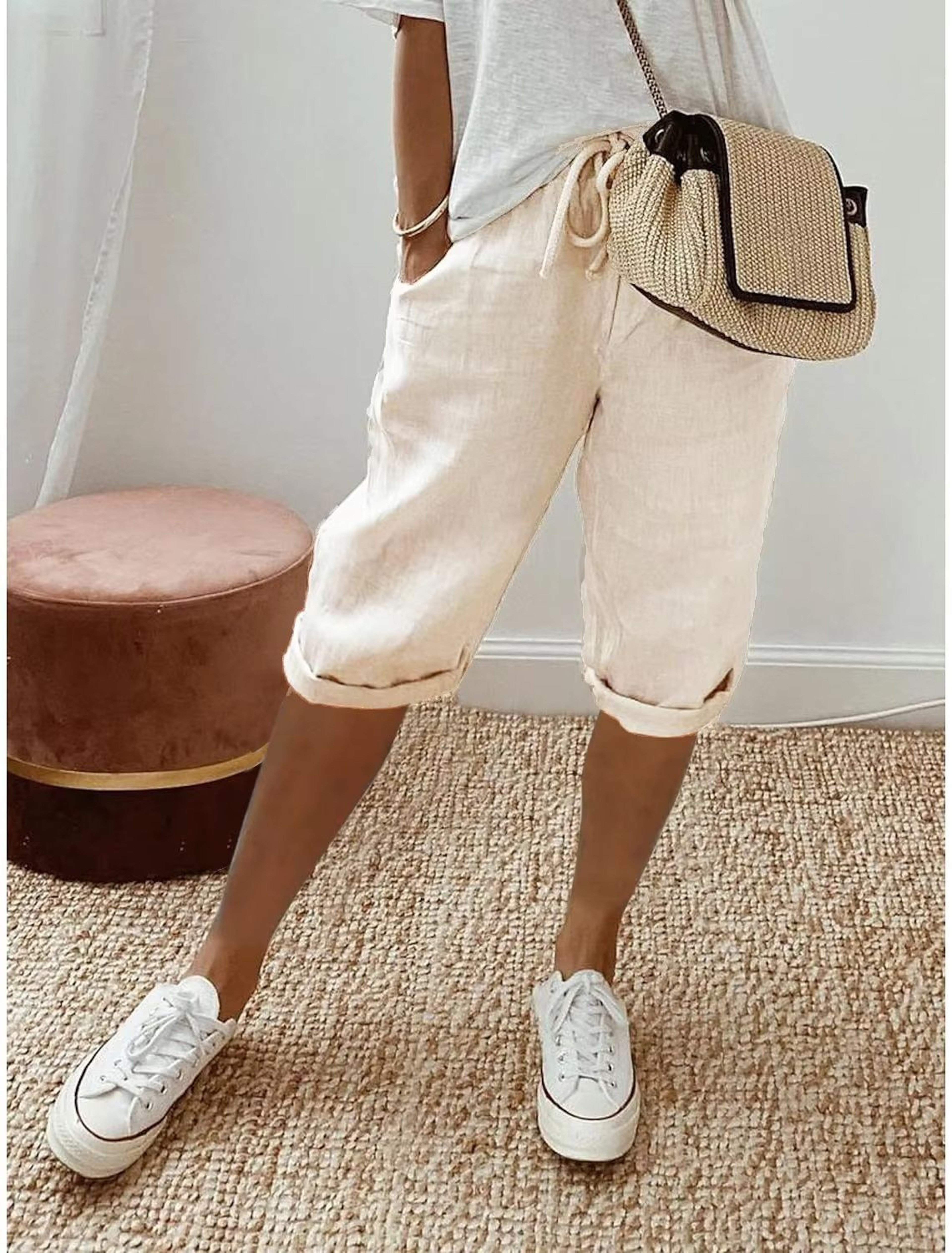 WomenS Cotton Linen Summer Shorts  Elastic Waist Casual Pants With Pockets Lightweight 5Quarter Des 10