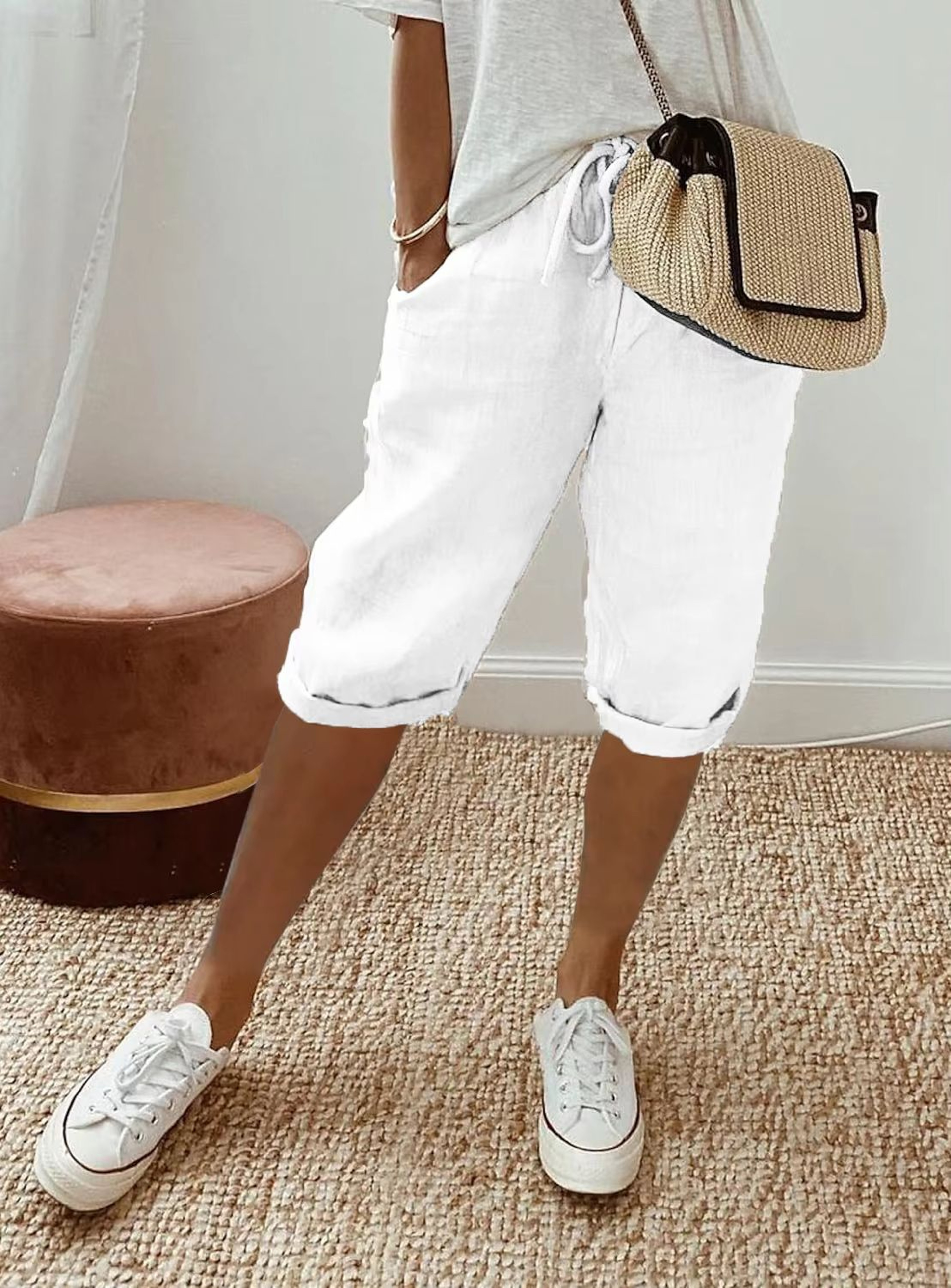 WomenS Cotton Linen Summer Shorts  Elastic Waist Casual Pants With Pockets Lightweight 5Quarter Des 12