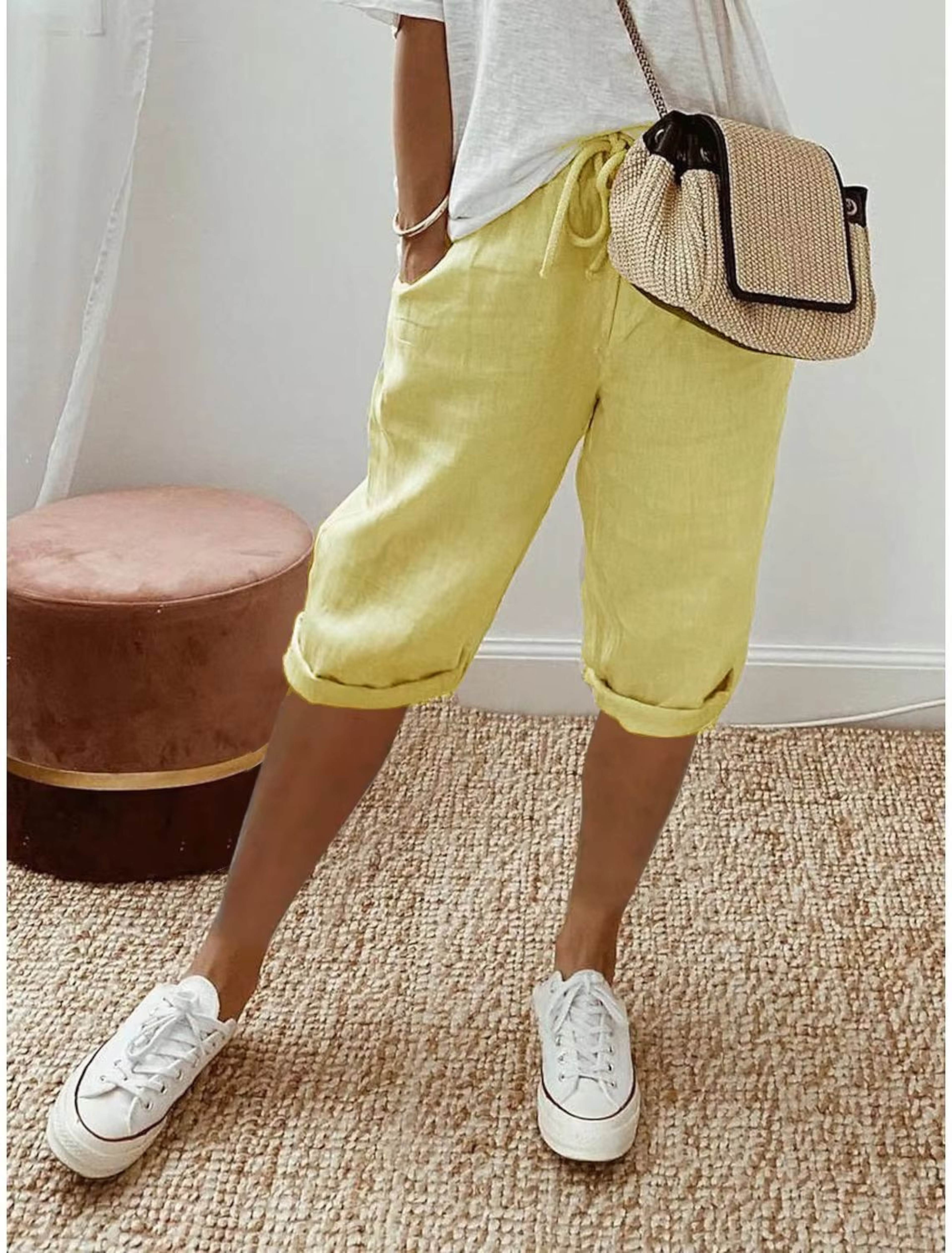 WomenS Cotton Linen Summer Shorts  Elastic Waist Casual Pants With Pockets Lightweight 5Quarter Des 17