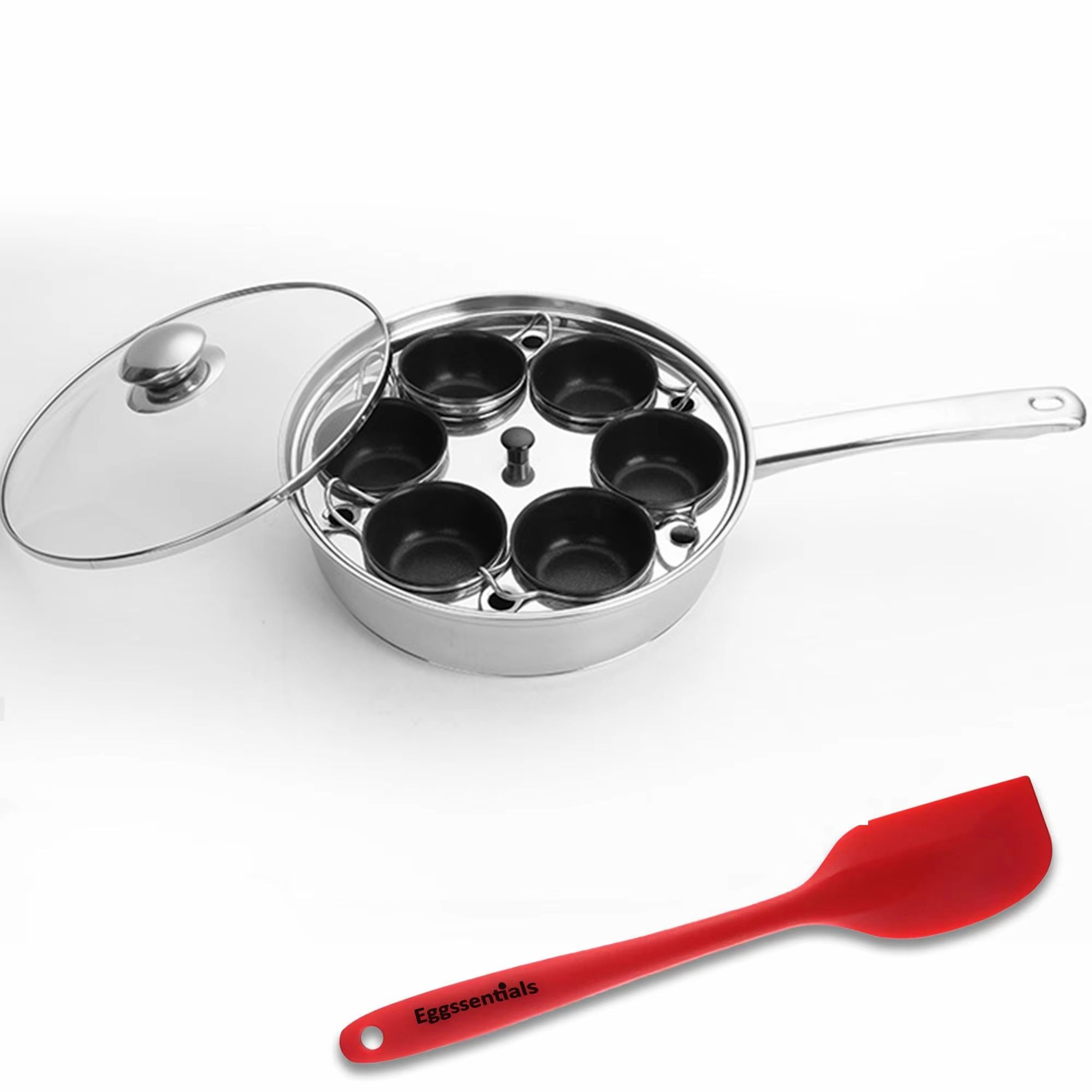 Stainless Steel Egg Poacher Pan  6Cup Nonstick Poached Egg Maker With Silicone Cups  Spatula 7