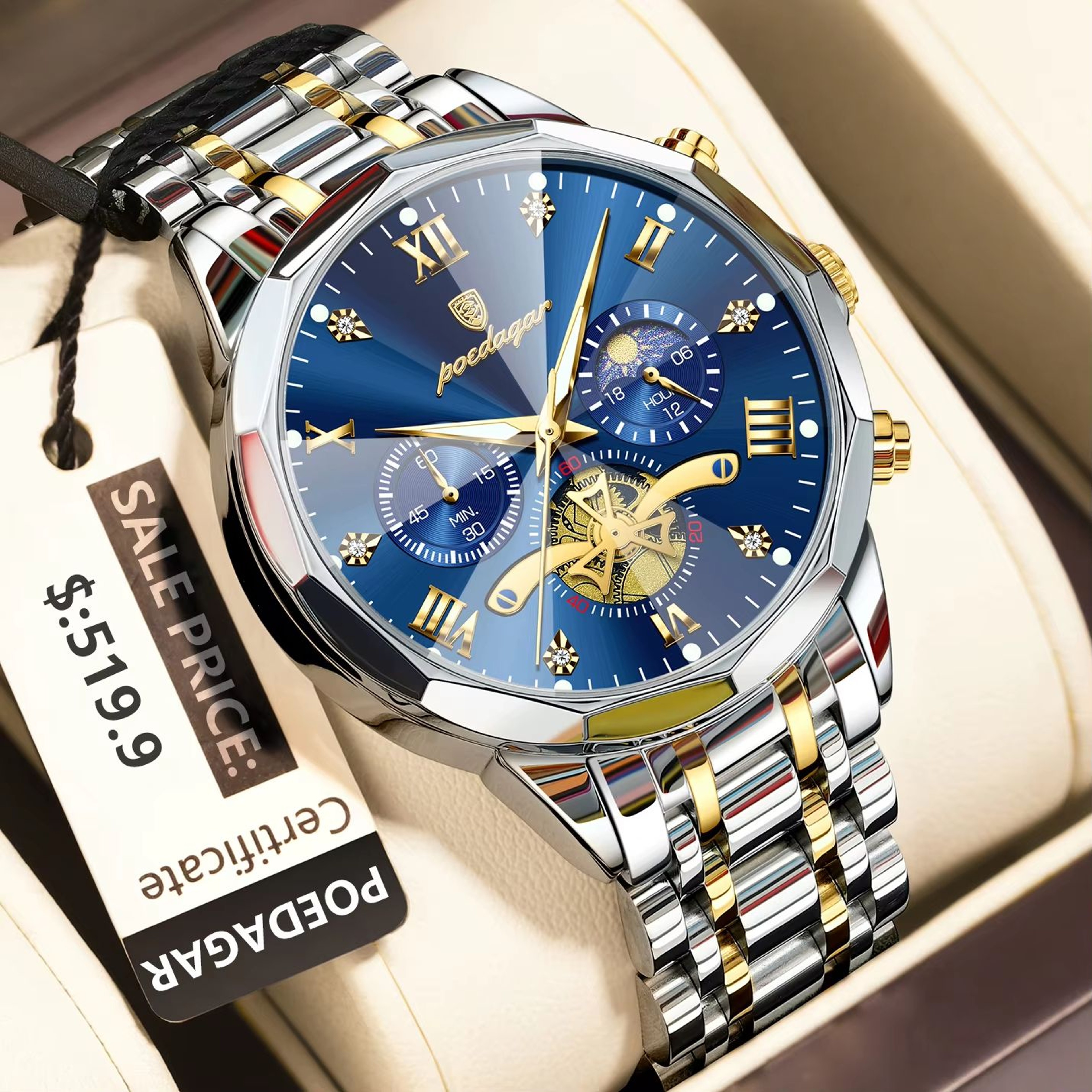 POEDAGAR Luxury Mens Watch  Waterproof Stainless Steel Chronograph Quartz Wristwatch With Luminous  1
