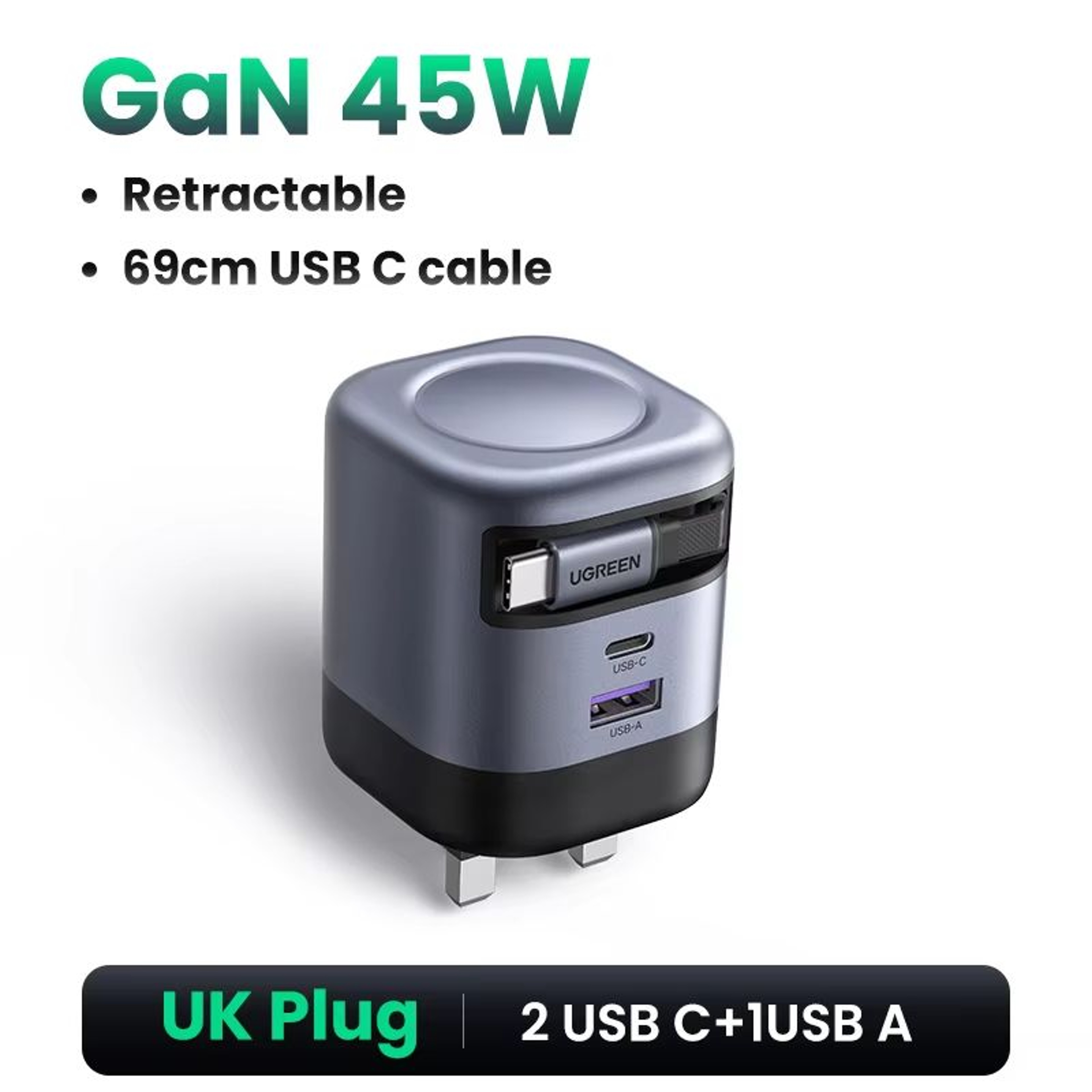 UGREEN 45W GaN Fast Charger With Retractable Cable  Compact PPS QC PD 30 Power Adapter For IPhone S 9