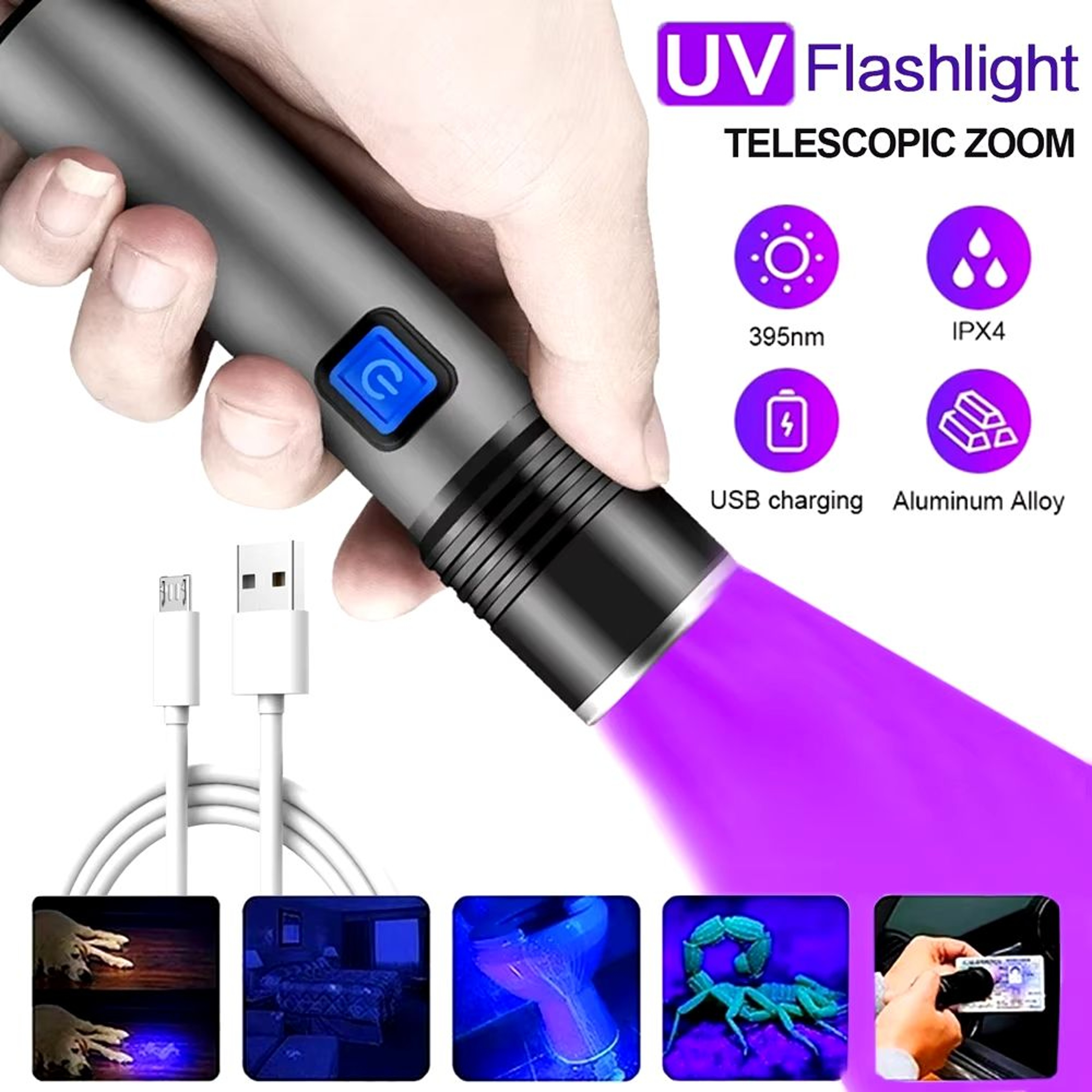 USB Rechargeable 365nm UV Flashlight  Portable Aluminum Ultraviolet Light Torch And Black Light Pet 0