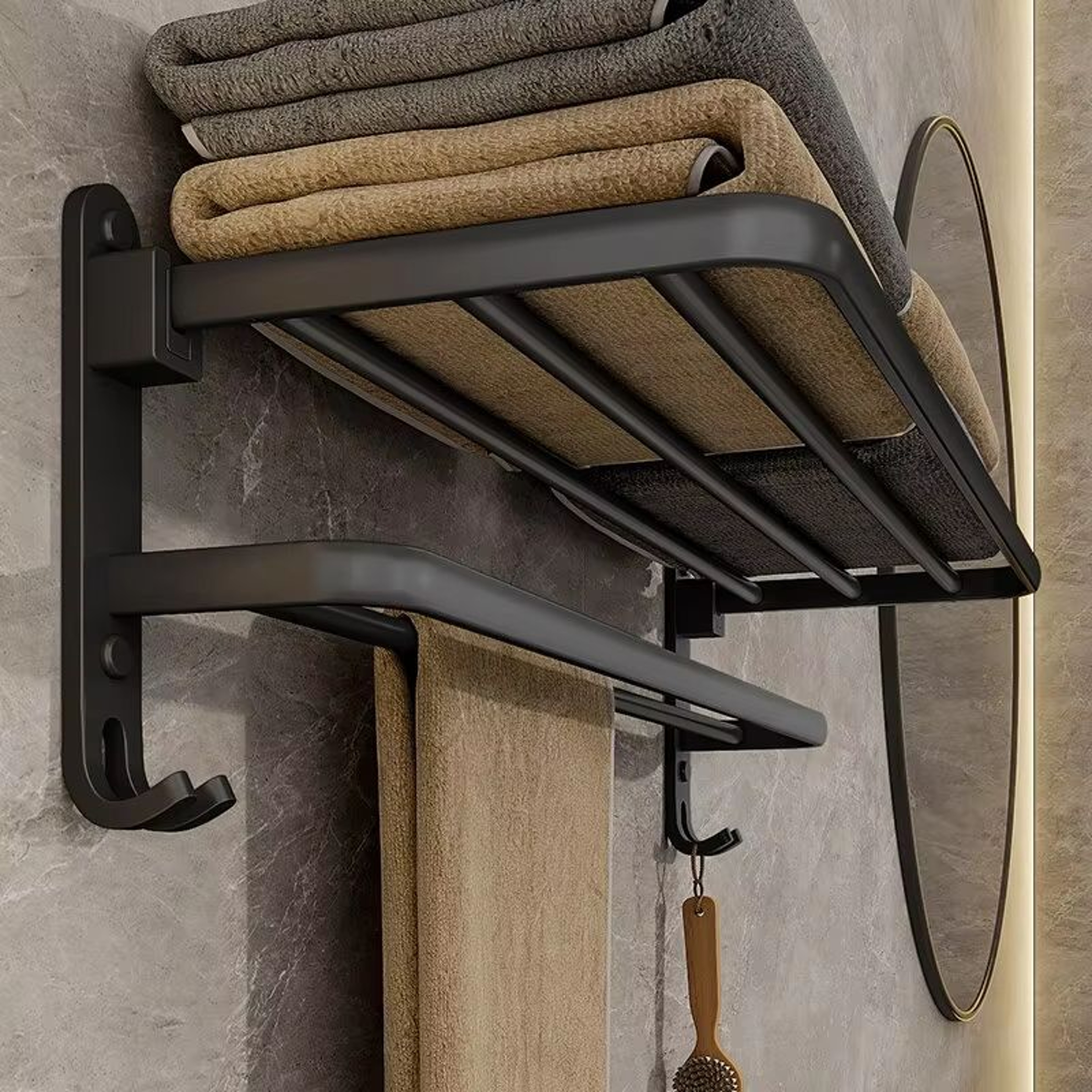 Matte Black Folding Towel Rack  50CM Wall Mount Aluminum Holder With Hook 0