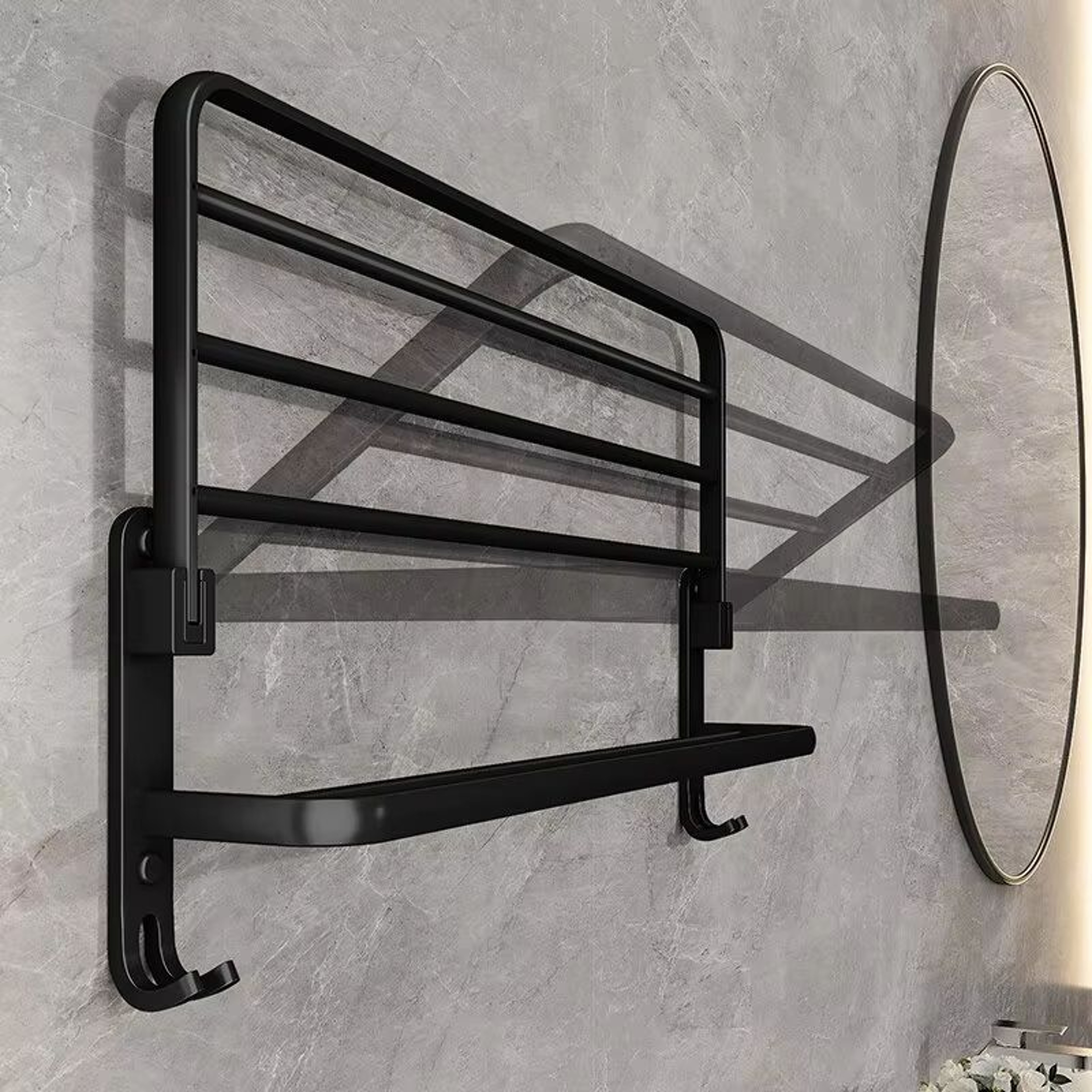 Matte Black Folding Towel Rack  50CM Wall Mount Aluminum Holder With Hook 3