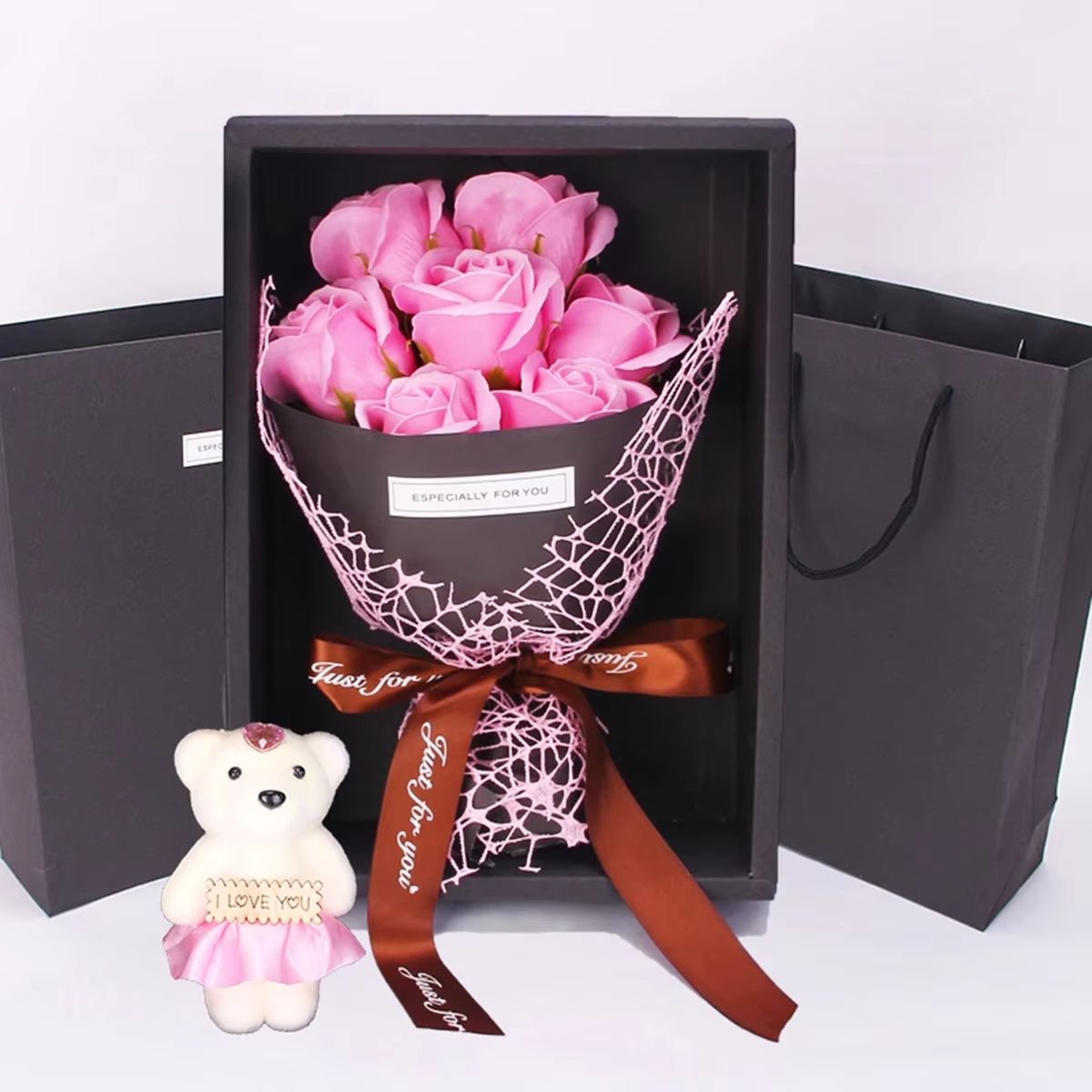 Handmade 7 Rose Soap Bouquet With Little Bear Gift Box  Creative Valentines Mothers Day  Birthday P 1
