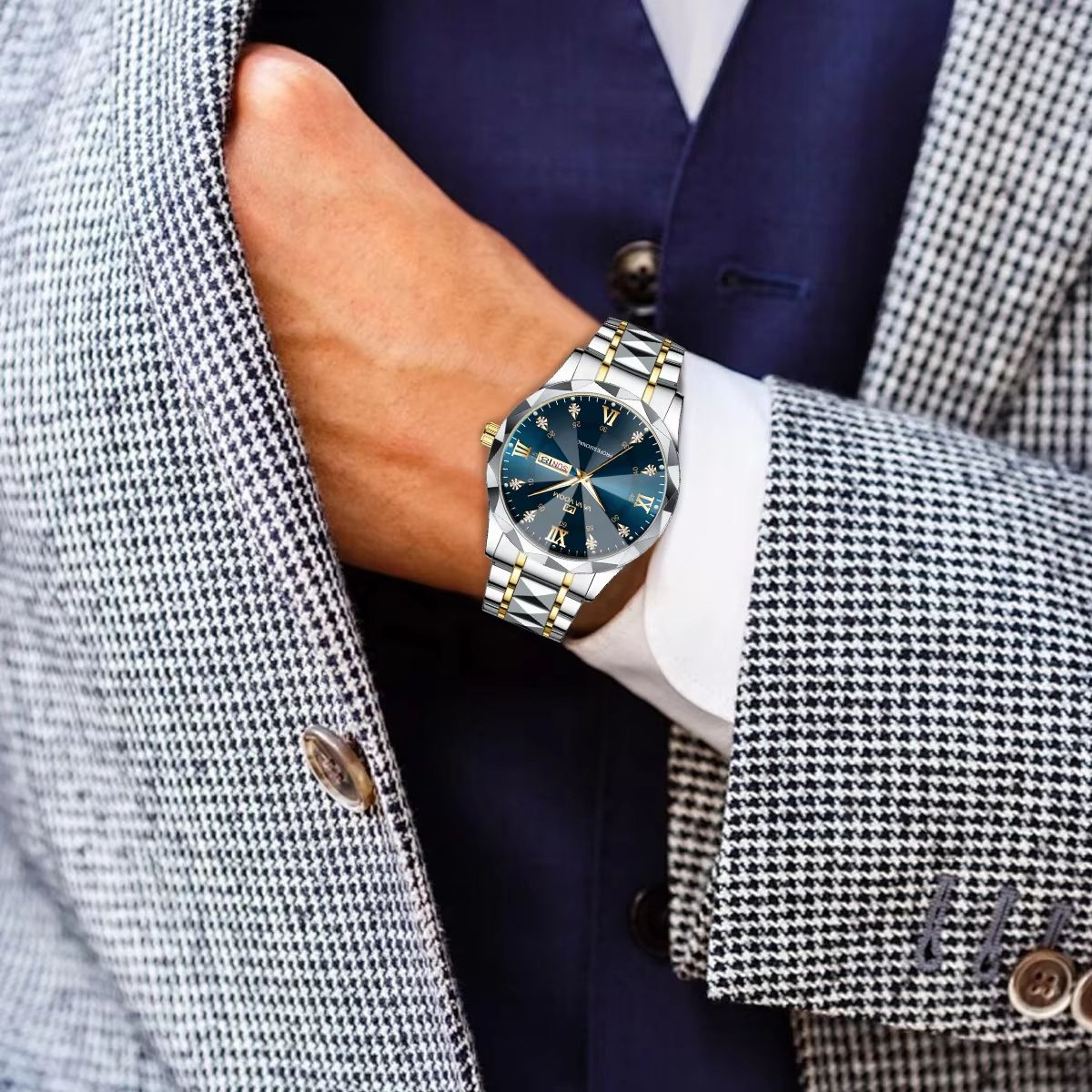 Mens Luxury Stainless Steel Watch  Blue Gold Quartz With Night Glow  Double Calendar 4
