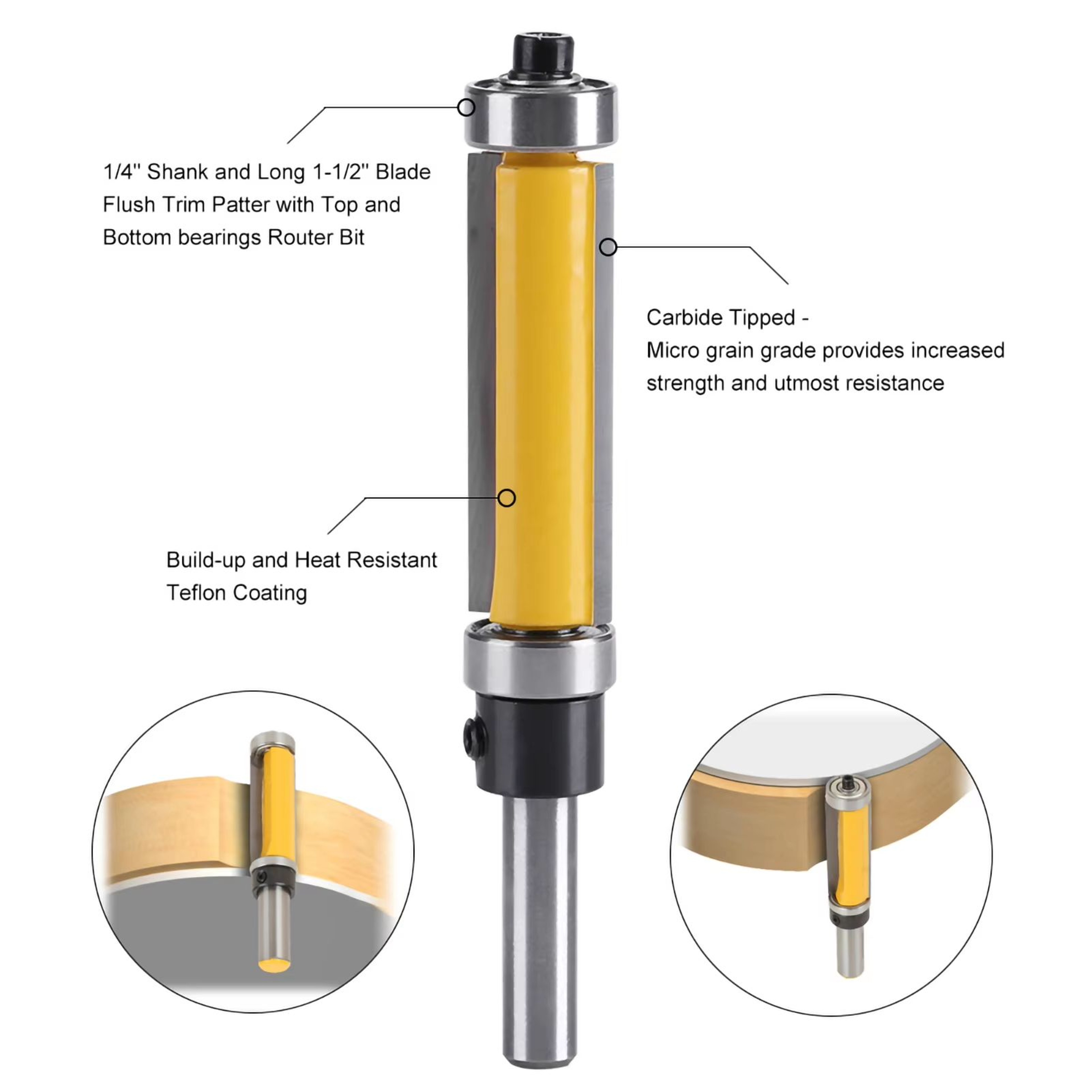 Flush Trim Router Bit With Top And Bottom Bearing  14 Inch Shank Precision Woodworking Cutter 0