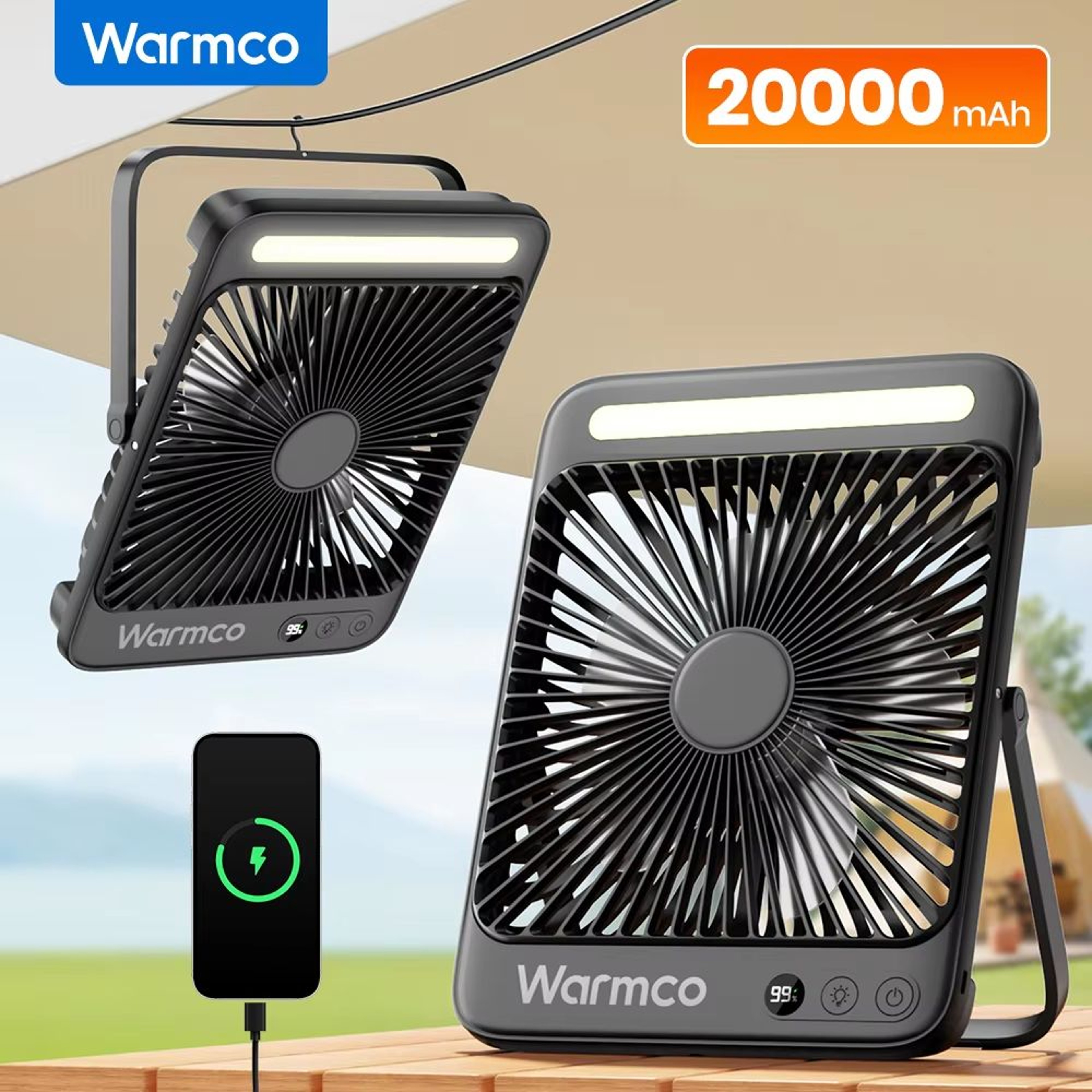 Warmco D4 Rechargeable Camping Fan With LED Light  20000mAh Battery 48H Runtime  Quiet 8 Cooling Po 0