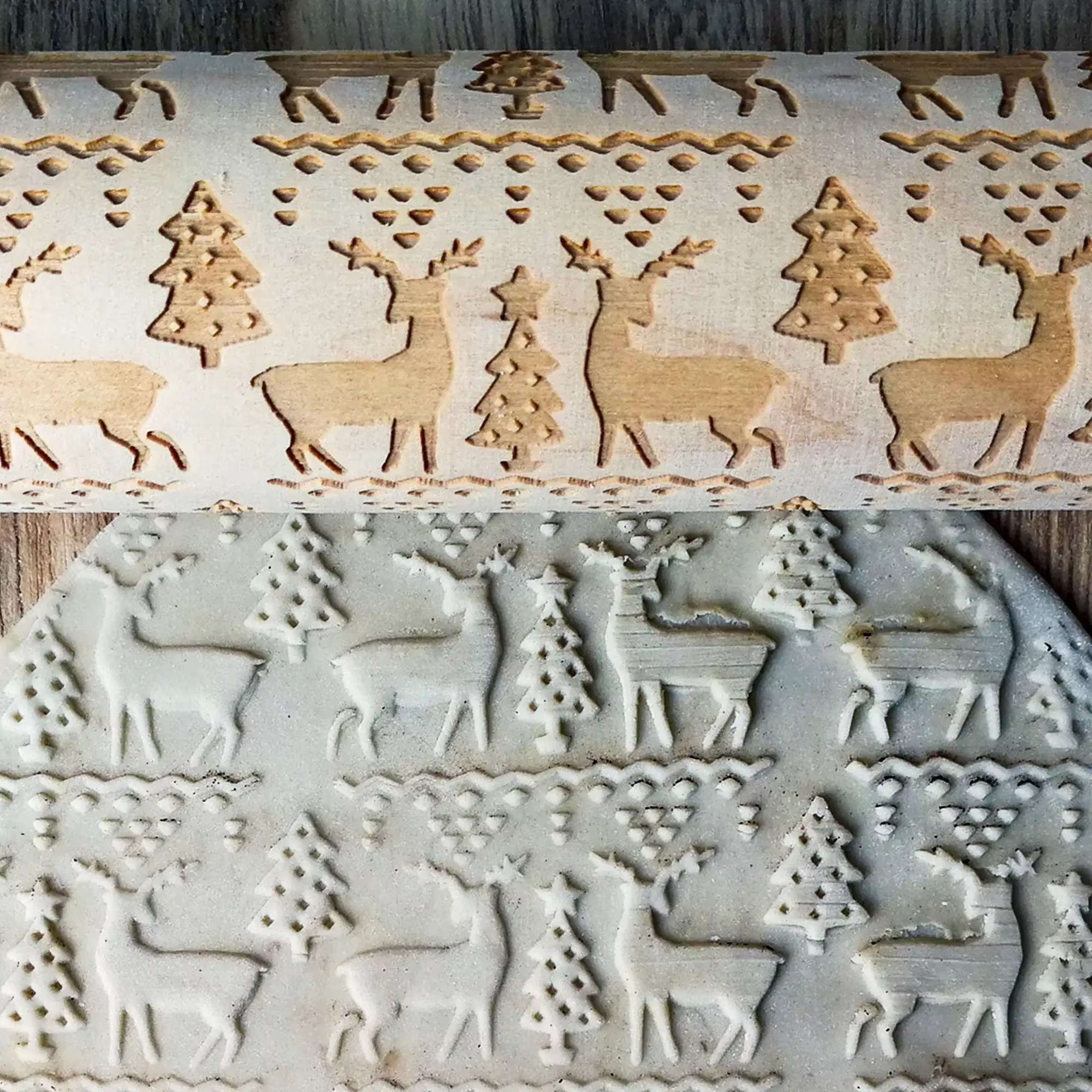 Christmas Wooden Embossed Rolling Pin  Snowflake  Reindeer Design For Festive Cookies Fondant  Past