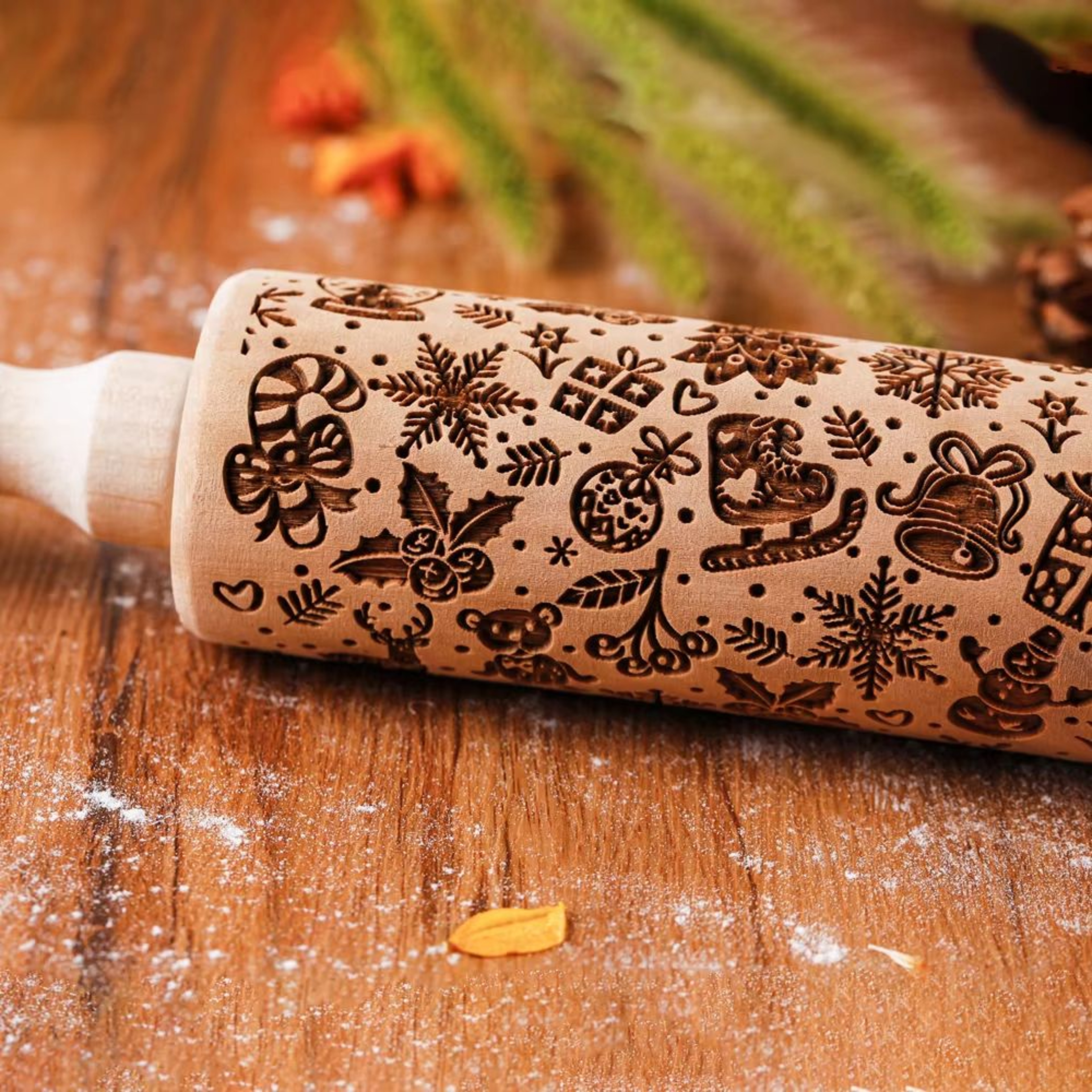 Christmas Leaf Hive Wooden Embossed Rolling Pin  Deep Engraved Holiday Baking Tool For Cookies Past 6