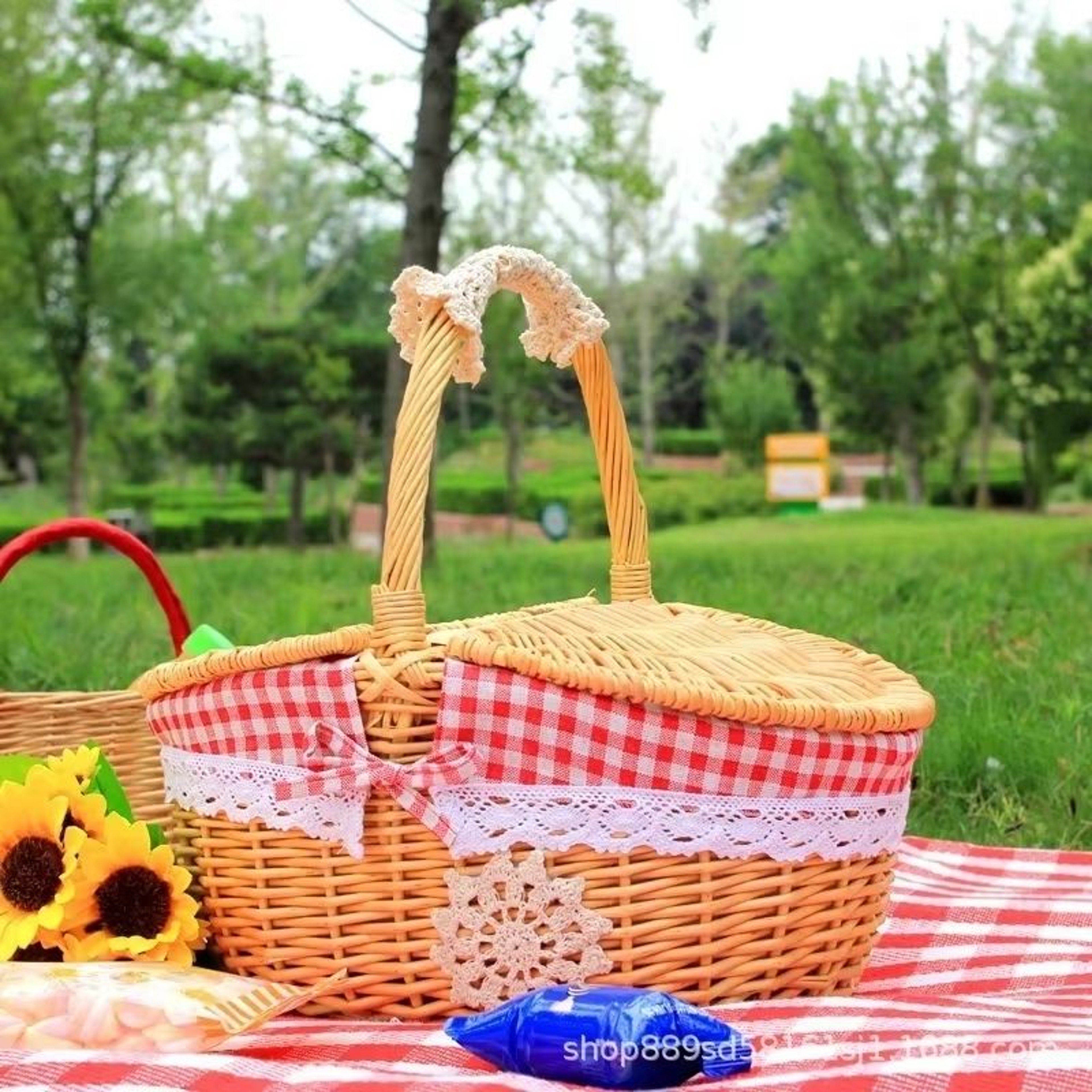 Simple Wicker Picnic And Storage Basket With Lid  Cute Handwoven Carry Basket For Home Food And Fru 0