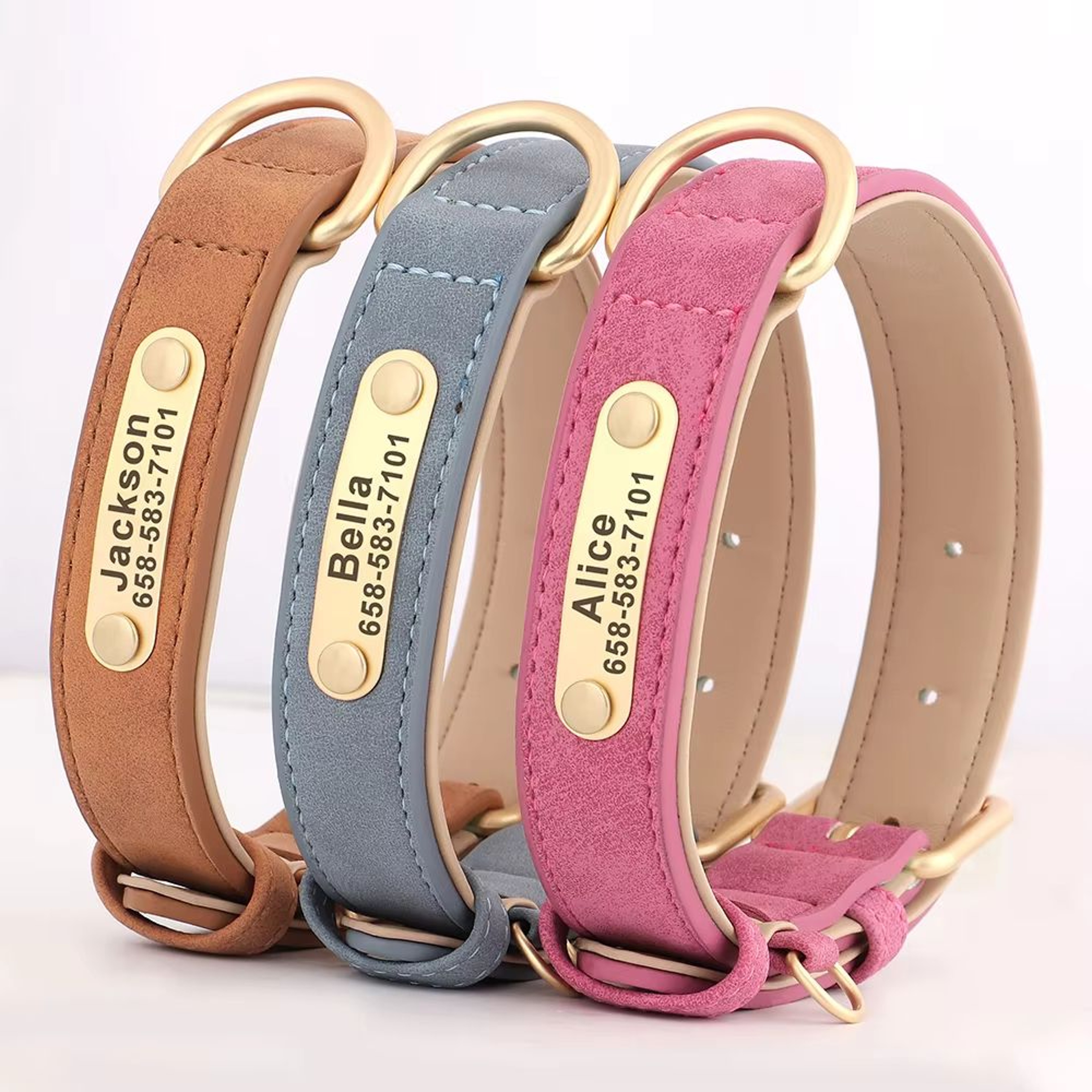 Custom Engraved PU Leather Dog Collar With Personalized ID Nameplate 3