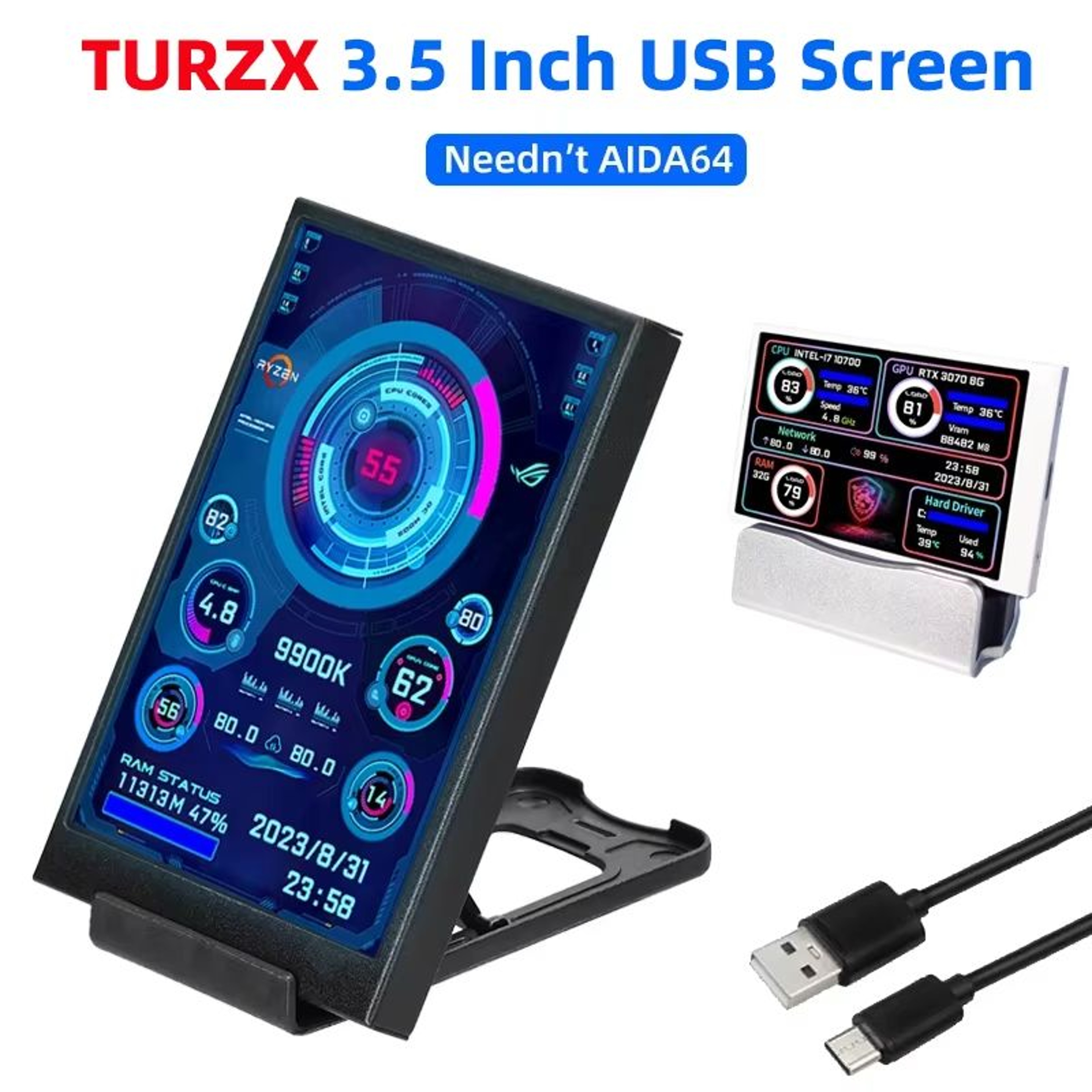 35 Inch IPS USB TypeC Secondary Screen  Mini Monitor For CPU GPU RAM HDD Display 0