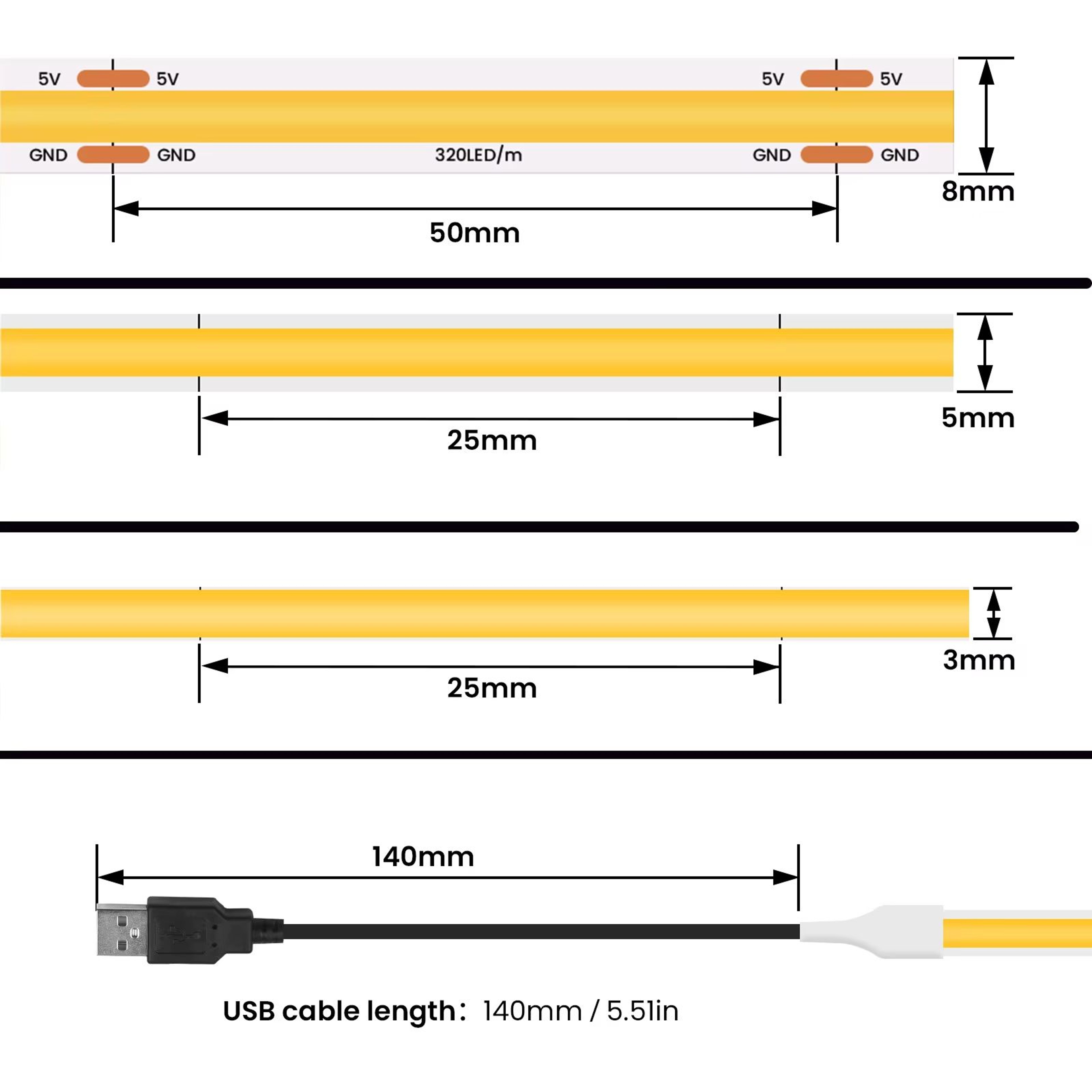 UltraSlim USB 5 V COB LED Strip Light  MultiColour Flexible Ribbon For TV BackLight  Home Decor 3