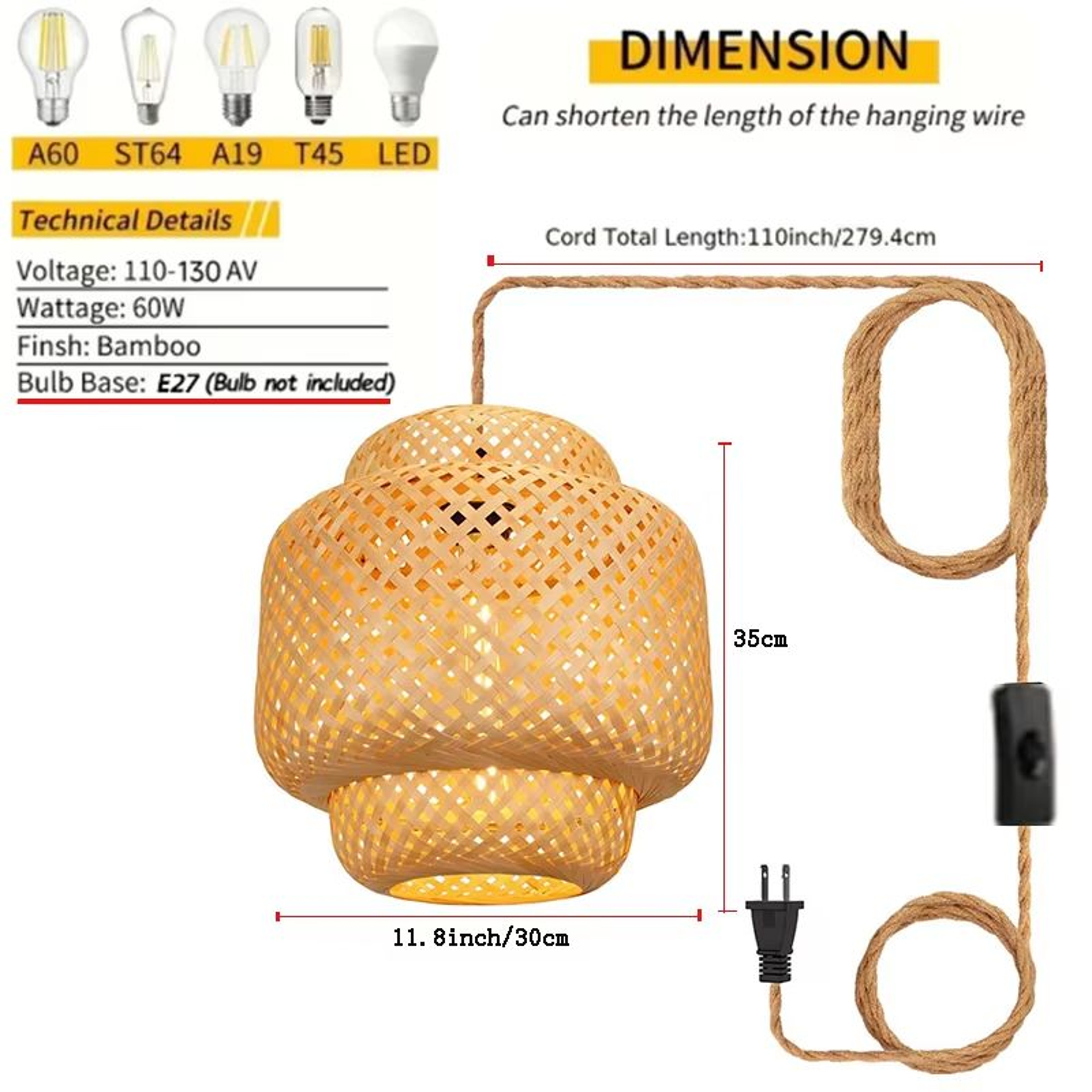 Bamboo Lantern Pendant Light  HandWoven Natural RattanWicker E27 Hanging Fixture For Home  Restaura 5