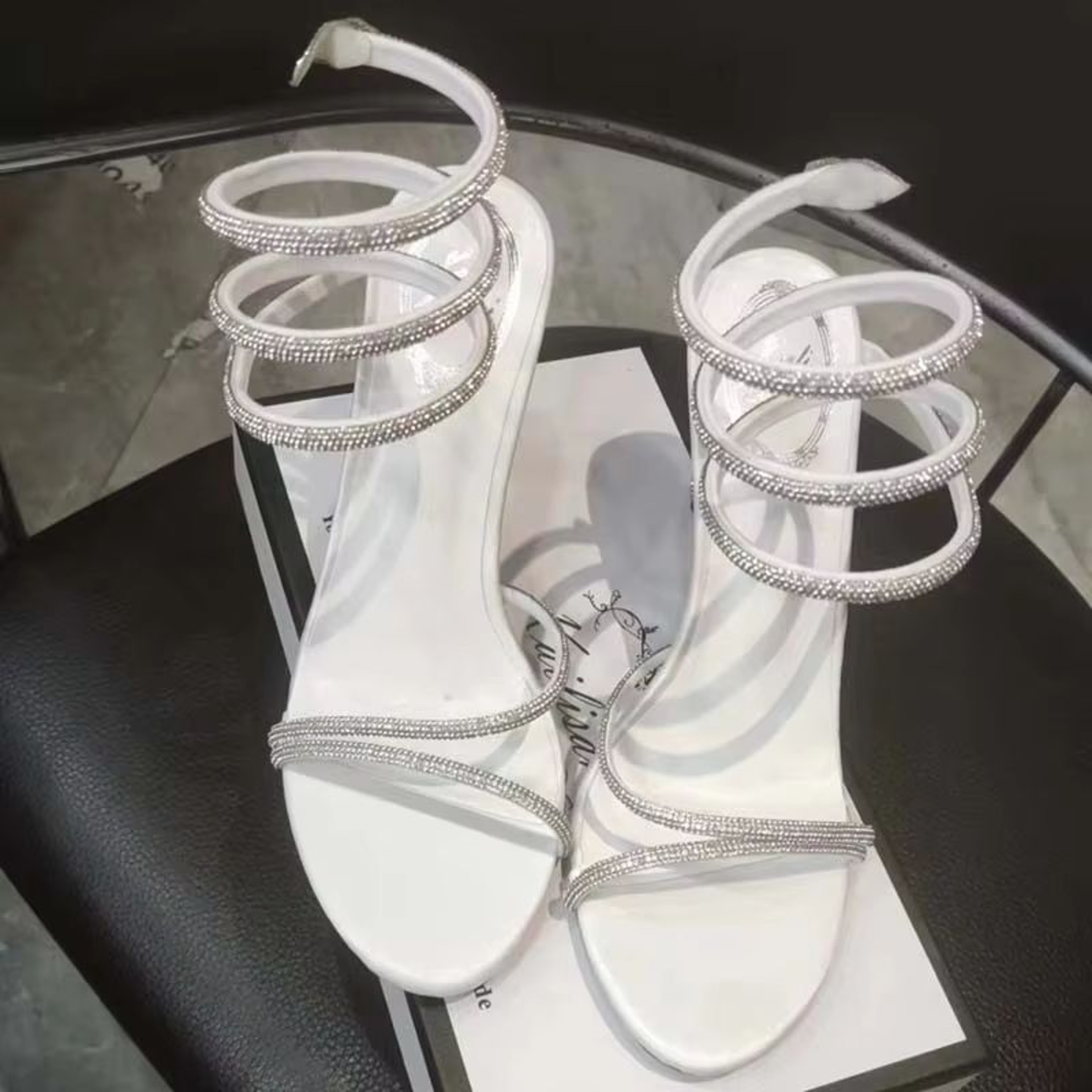 Eilyken Crystal Rhinestone OpenToe Sandals  Sexy Thin High Heels With Ankle Strap For Party  Prom 5