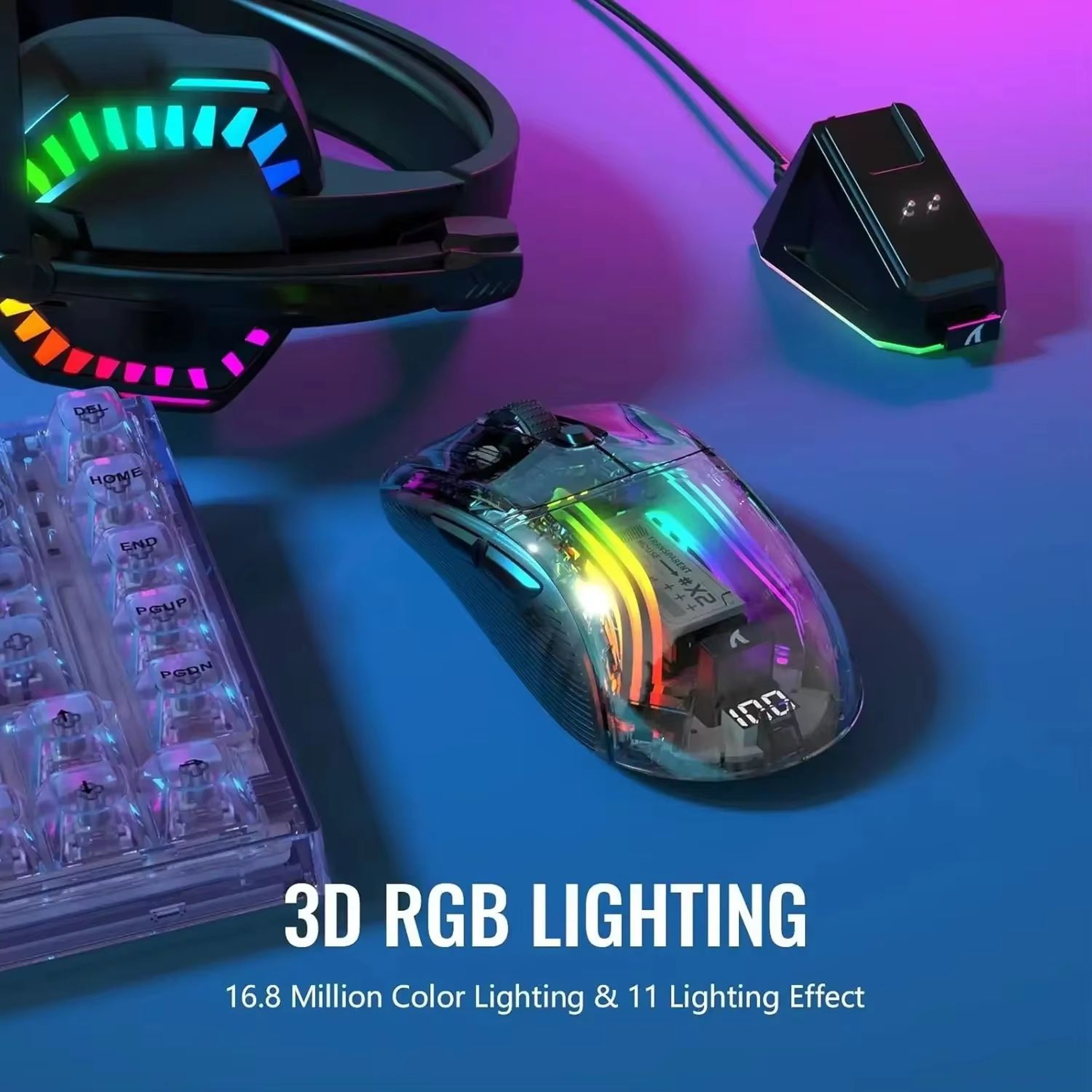 ATTACK SHARK X2 Pro Transparent Shell Wireless Gaming Mouse  TriMode 24G  BT  Wired With RGB Dock   1