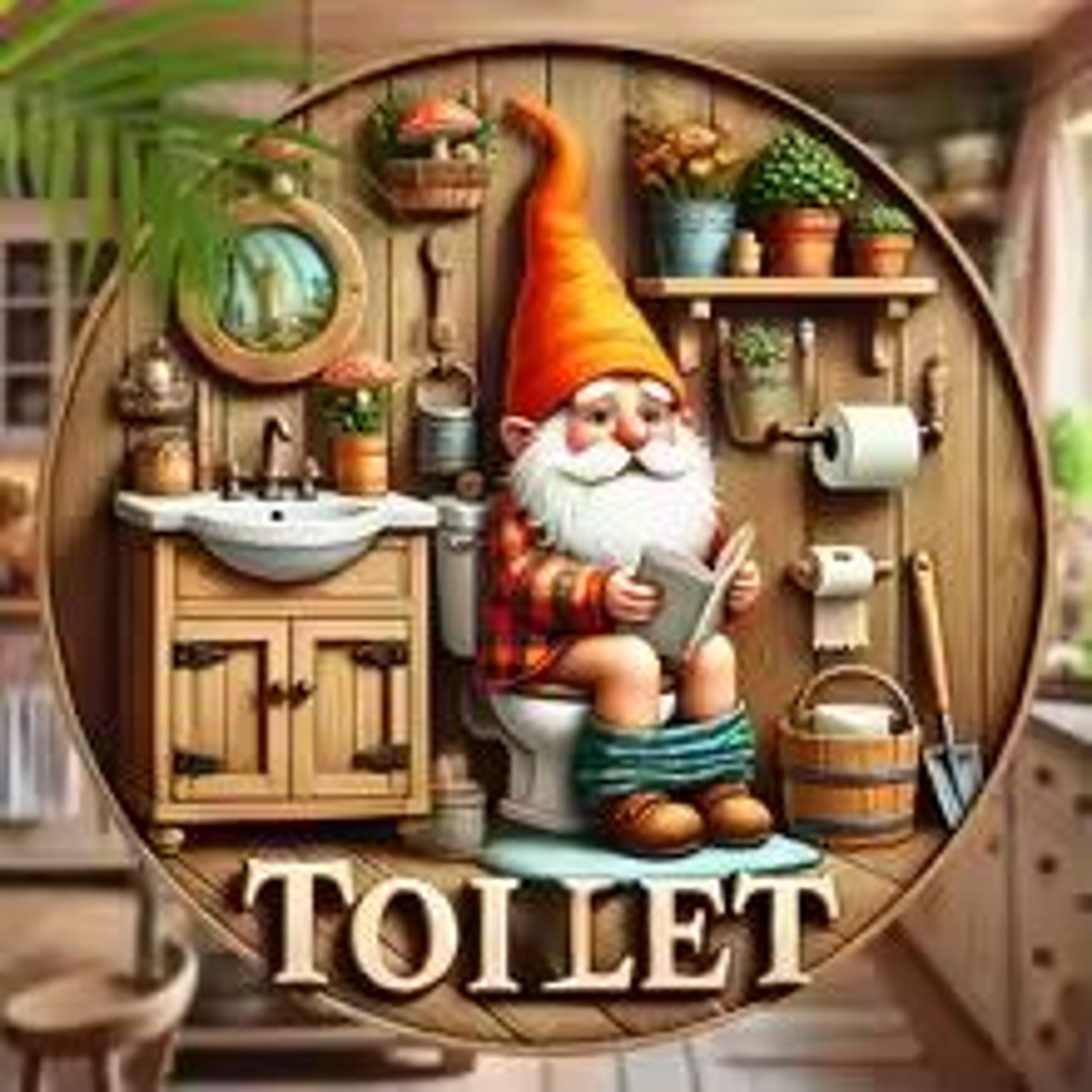Country Farmhouse Style Wooden Toilet Sign  Charming Dwarf Design Round 8x8 Inch 0