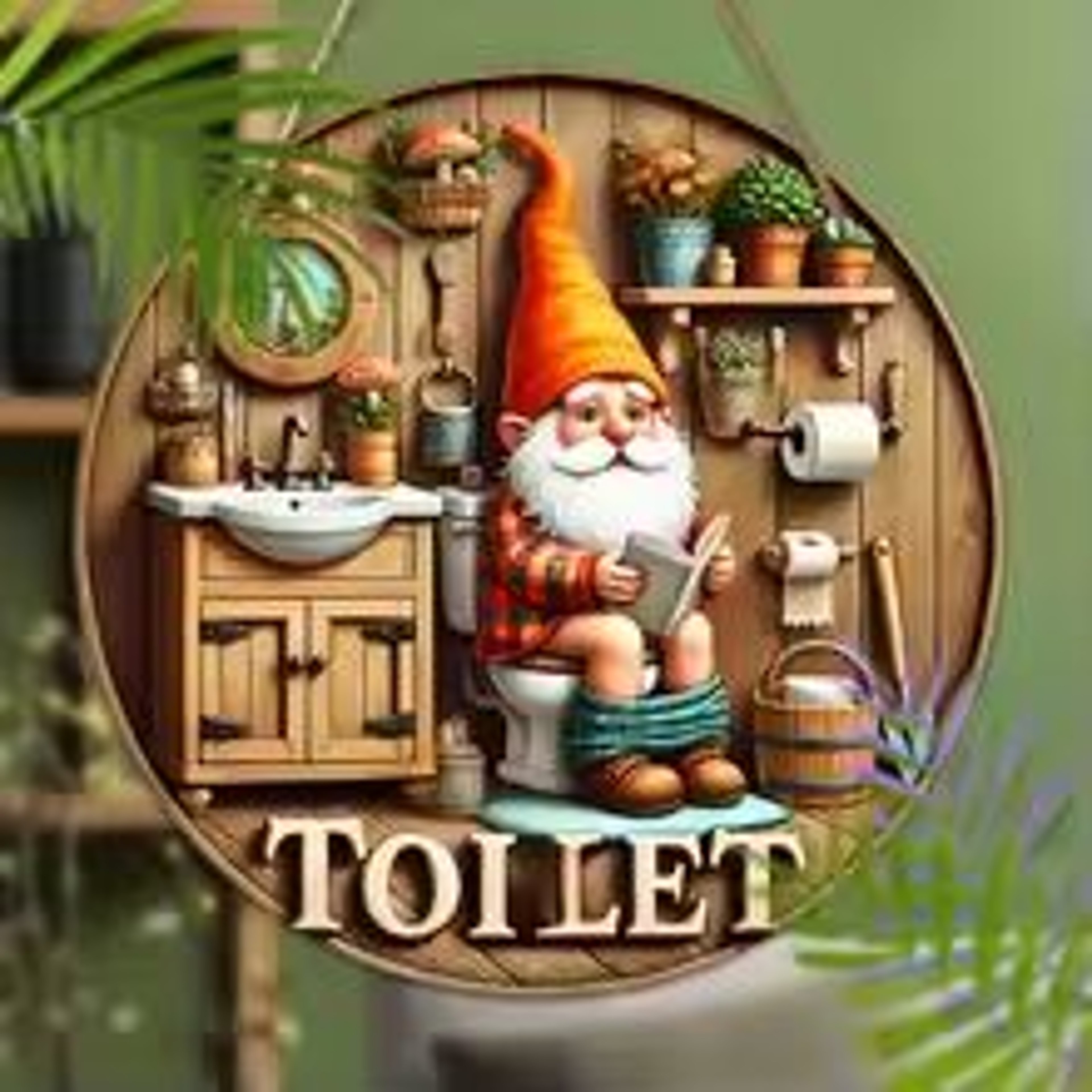 Country Farmhouse Style Wooden Toilet Sign  Charming Dwarf Design Round 8x8 Inch 2