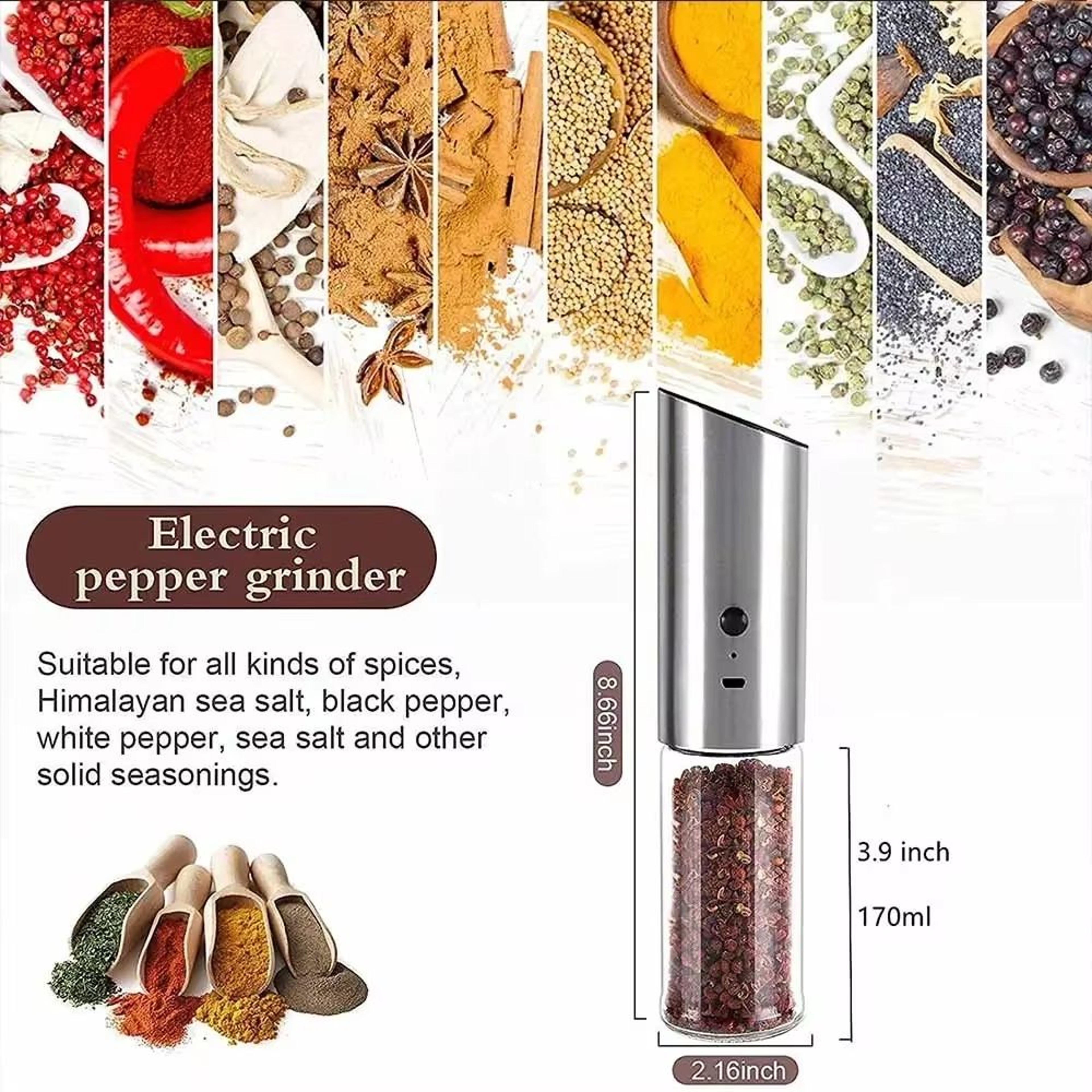 Electric Salt And Pepper Grinder USB Rechargeable Automatic Pepper Mill 5