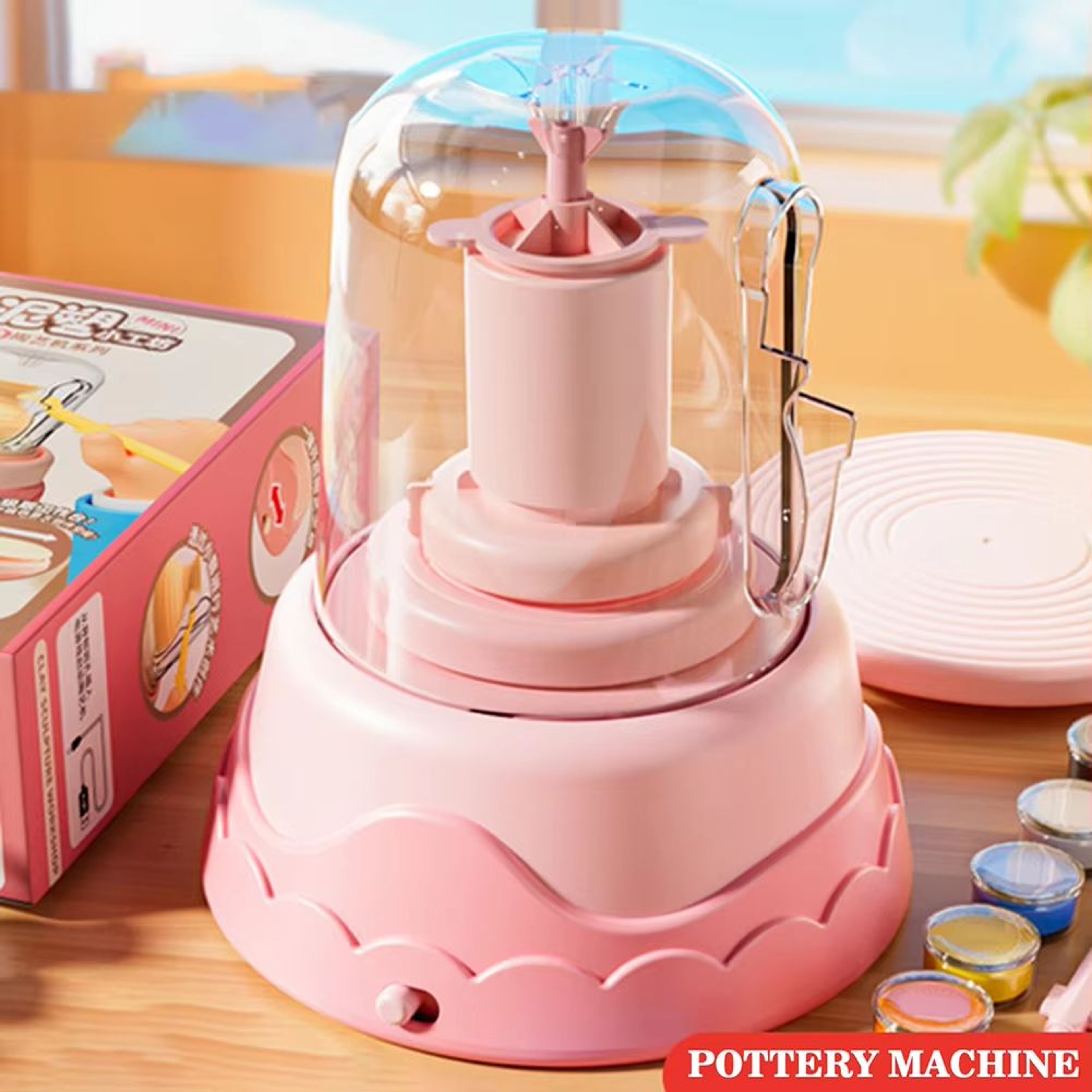 DIY Kids Pottery Wheel Kit With Clay And Paints Educational Craft Toy 0