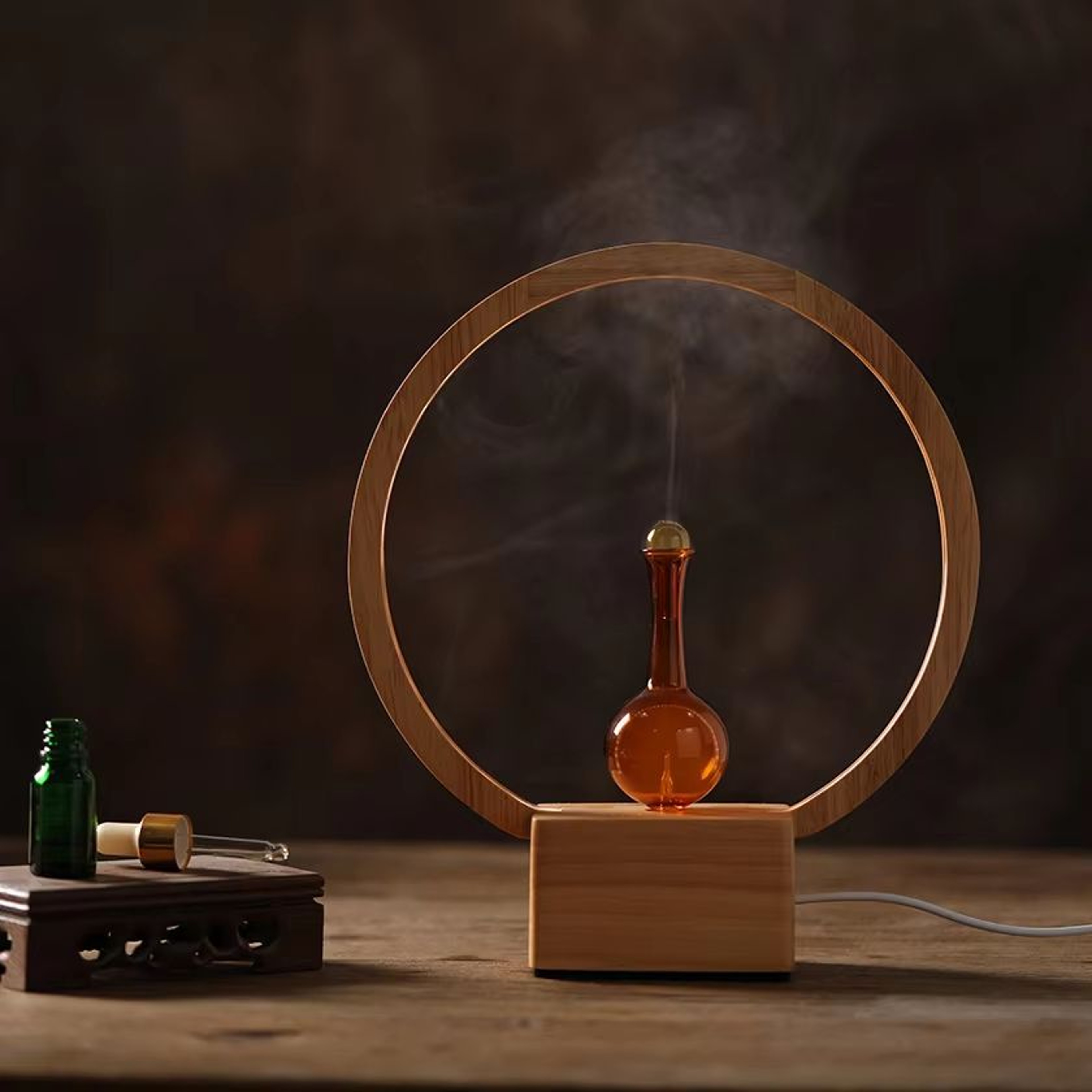 Glass Essential Oil Diffuser With Wood Base Nebulizing LED Aroma Diffuser For Home Office Room 2